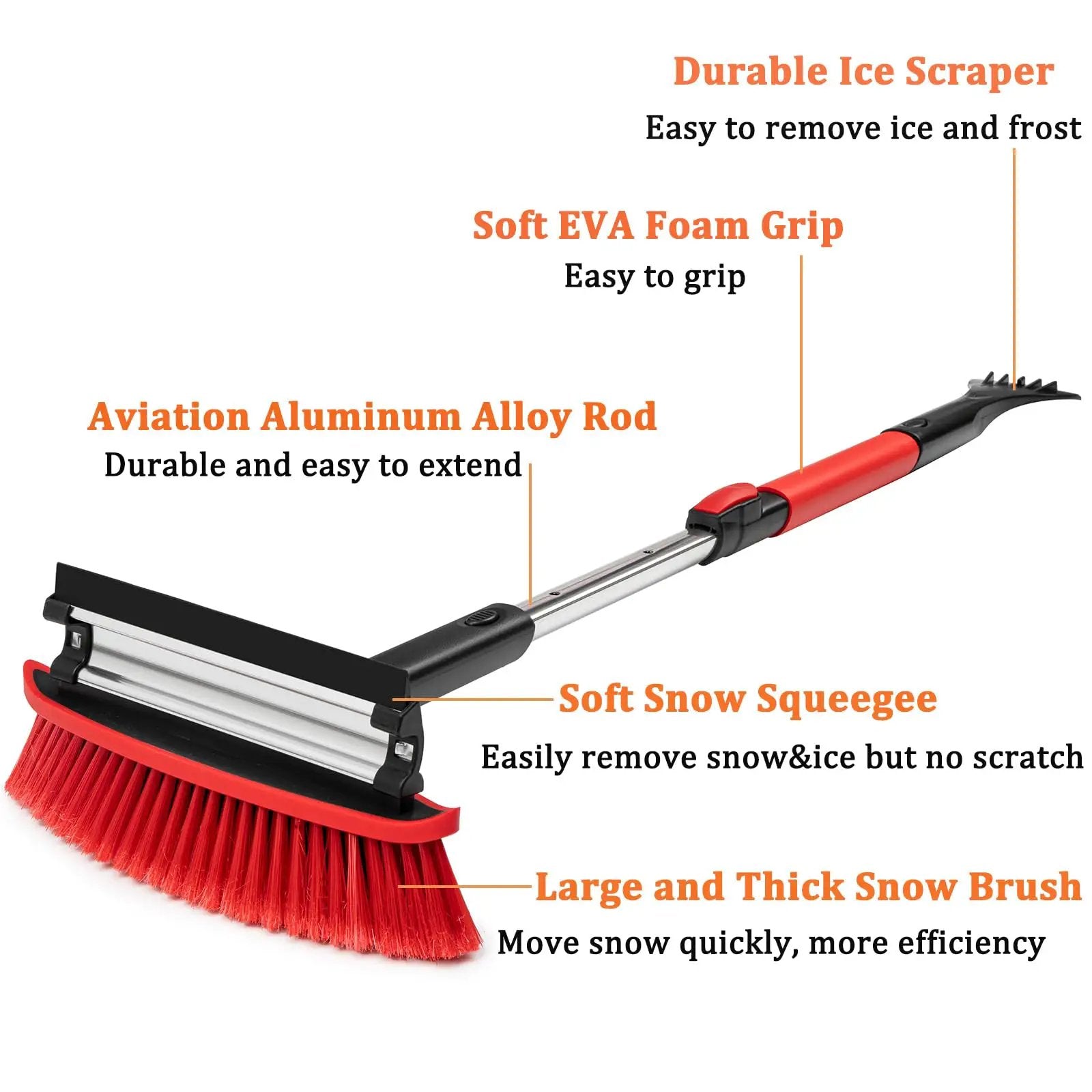 Heavy Duty Car Snow Brush Ice Scraper With Squeegee And Extendable 40 Inch Handle CGACOL For Fast Snow Removal On Windshield Hood Roof And Windows Red, showing durable ice scraper and foam grip.
