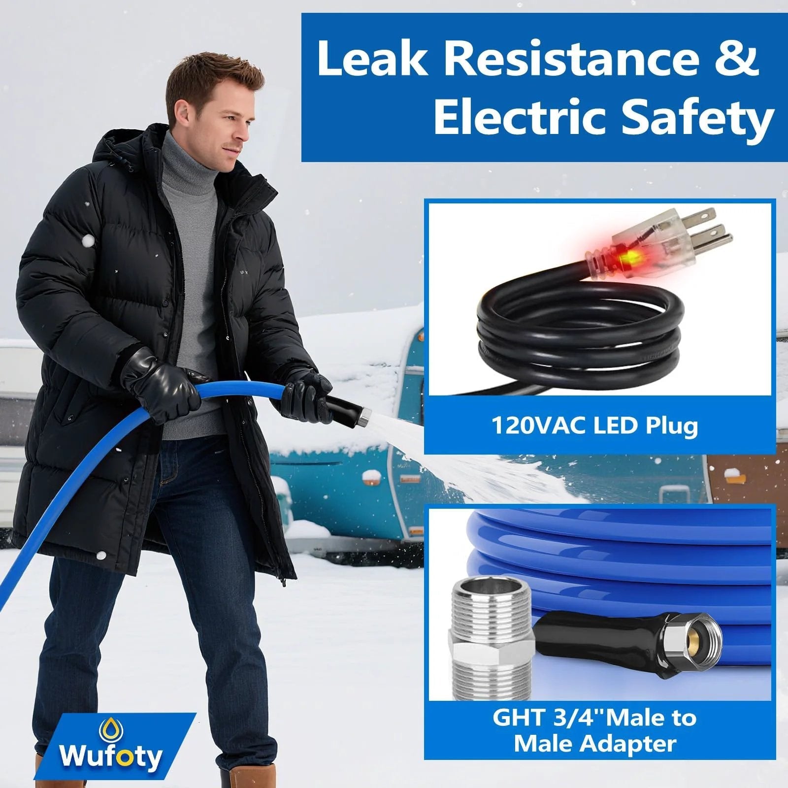 Man holding Heated Water Hose For RV And Camping 15 Ft With 0.5 Inch Inner Diameter Anti Freezing To Minus 47F Drinking Water Safe Hose Built For Trails Campers Farms Livestock And Outdoor Adventures Wufoty in snowy setting.