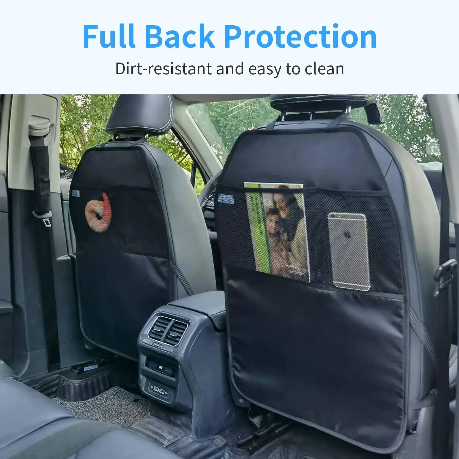 Durable Large Car Seat Protector Kick Mats 2 Pack with dual mesh pockets, installed on back seats of a vehicle in black.