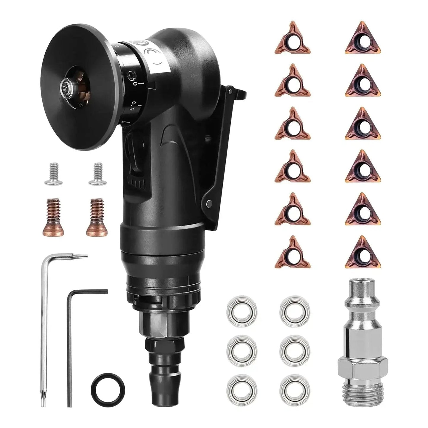 Pneumatic Chamfering Tool For Metal Deburring Mini Beveler Pro Grade Heavy Duty High Speed 30000 RPM With Adjustable Depth 0.1 To 0.9 Mm For Precise Edge Beveling Trimming Arc Corner Deburring And Linear Beveling Black with accessories.