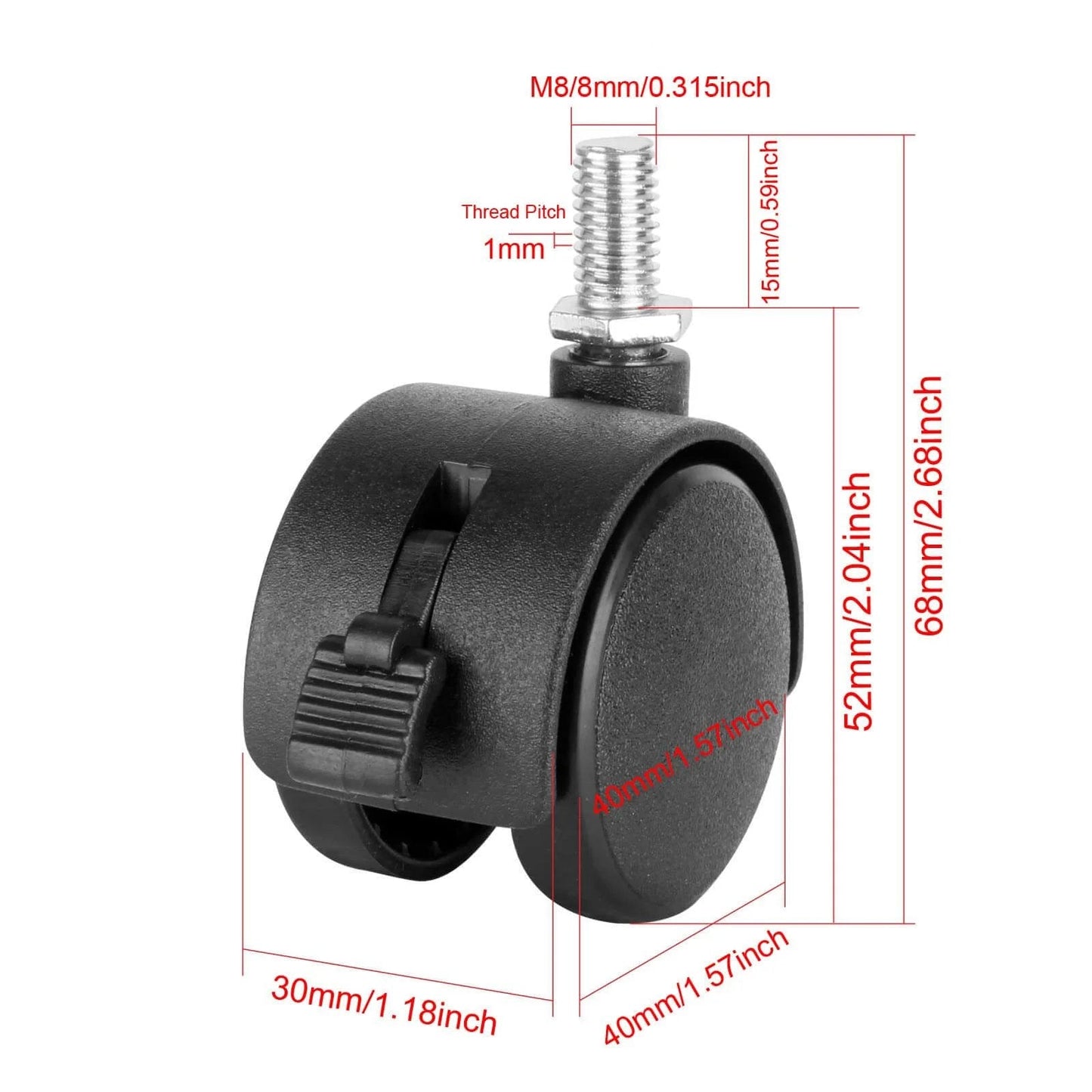 4 Pack 1.5" Swivel Stem Caster Wheels - Replacement Furniture Casters with Locking Brake, Metric M8 Threaded Stem, for Table, Drawer, Plant Shelf, Metal Rack, Laundry Basket