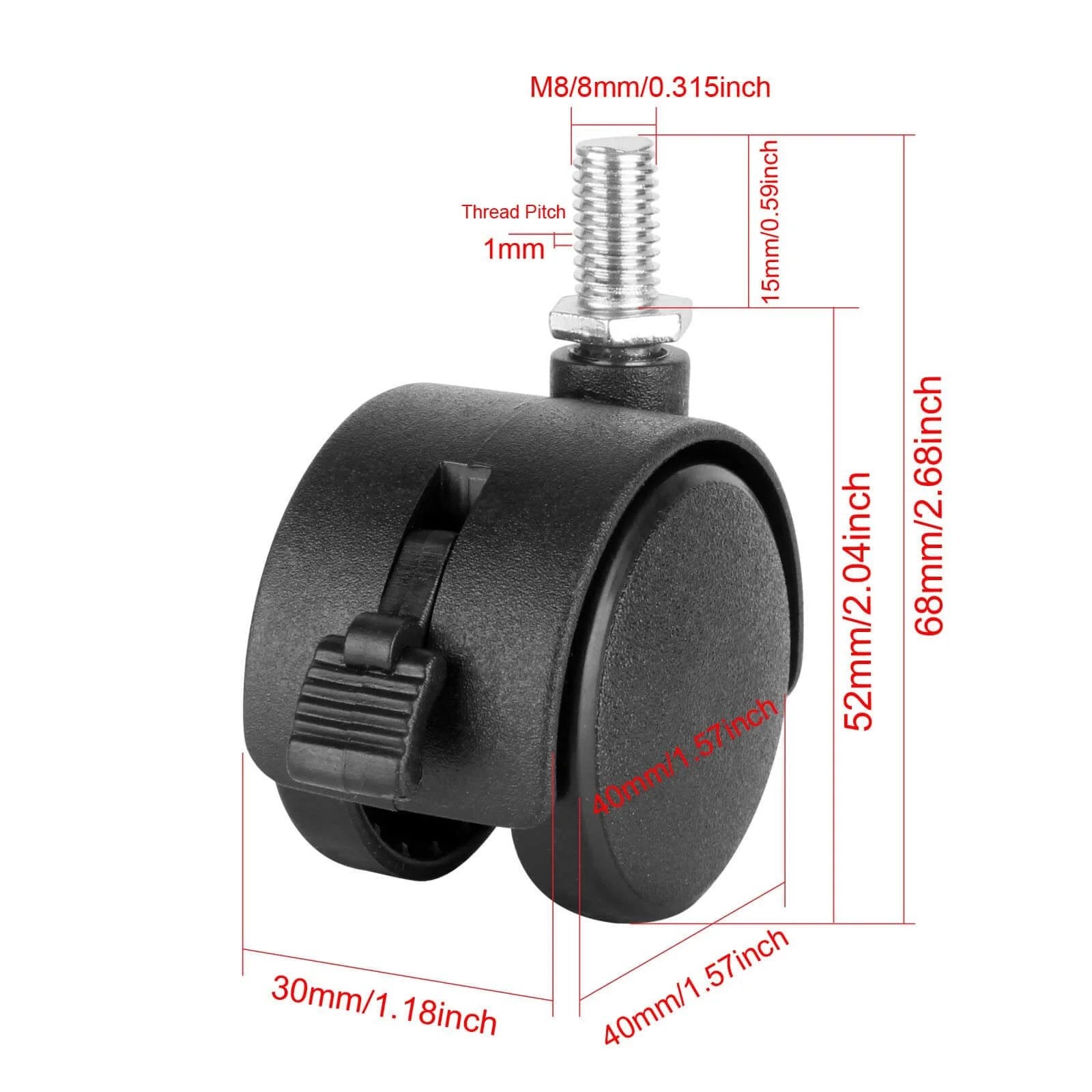 4 Pack 1.5" Swivel Stem Caster Wheels - Replacement Furniture Casters with Locking Brake, Metric M8 Threaded Stem, for Table, Drawer, Plant Shelf, Metal Rack, Laundry Basket