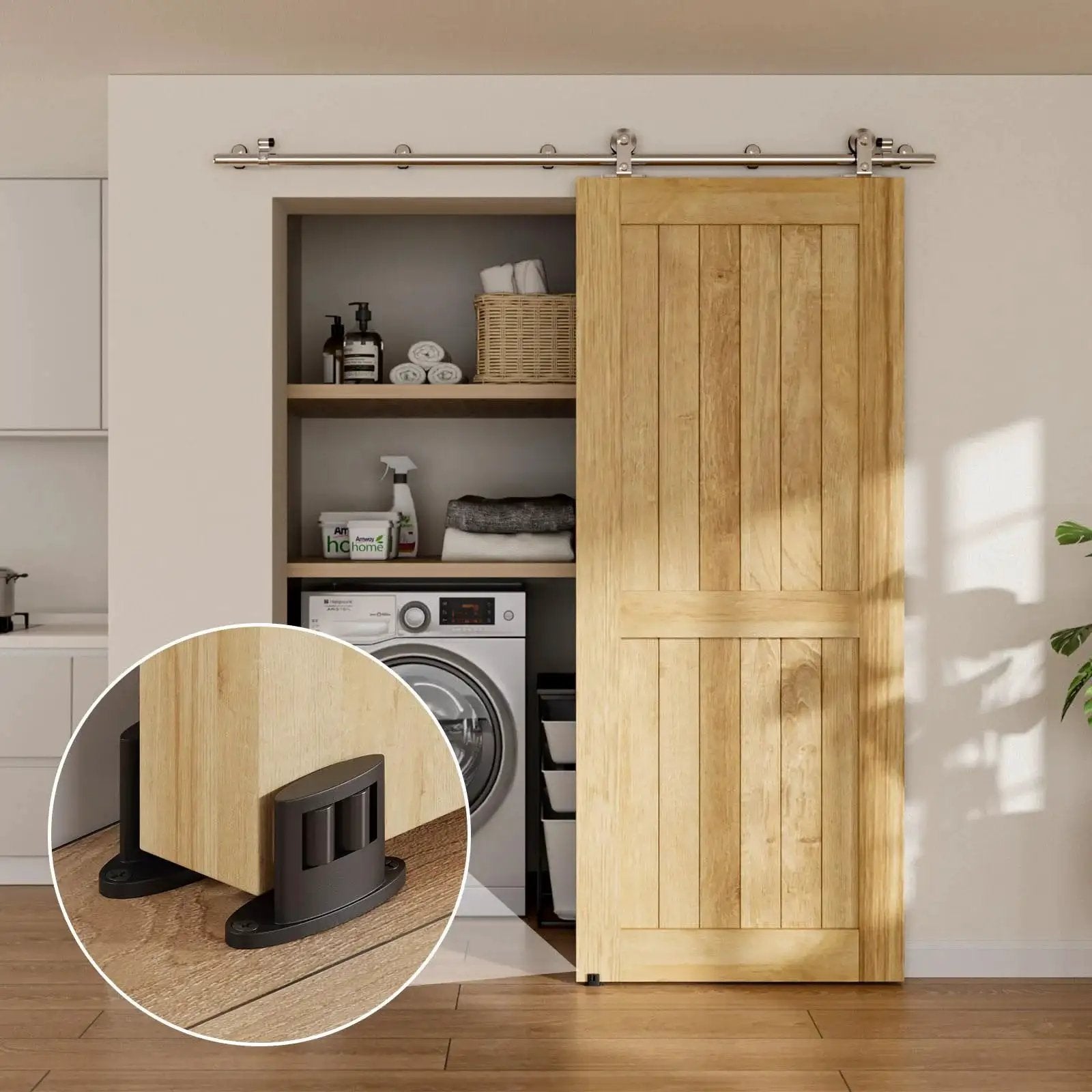 Sliding Barn Door Floor Guide 2 Pack Bottom Double-Sided Small Rollers Guides Aluminum Alloy Floor Mounted for Smooth Quiet Door Sliding, Space-Saving Lightweight Design with Concealed Pulleys for Door Protection installed on wood floor.