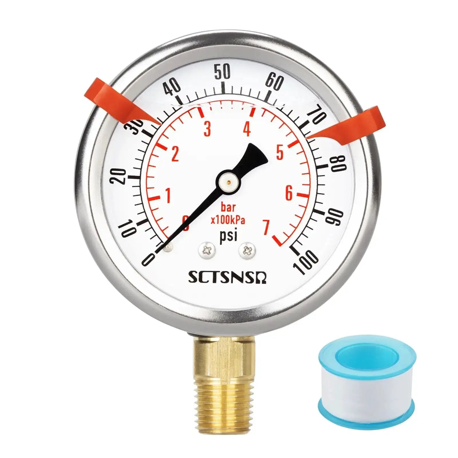 0 To 100 Psi Glycerin Liquid Filled Pressure Gauge With Two And A Half Inch Dial Lower Mount One Quarter Inch NPT Stainless Steel Case