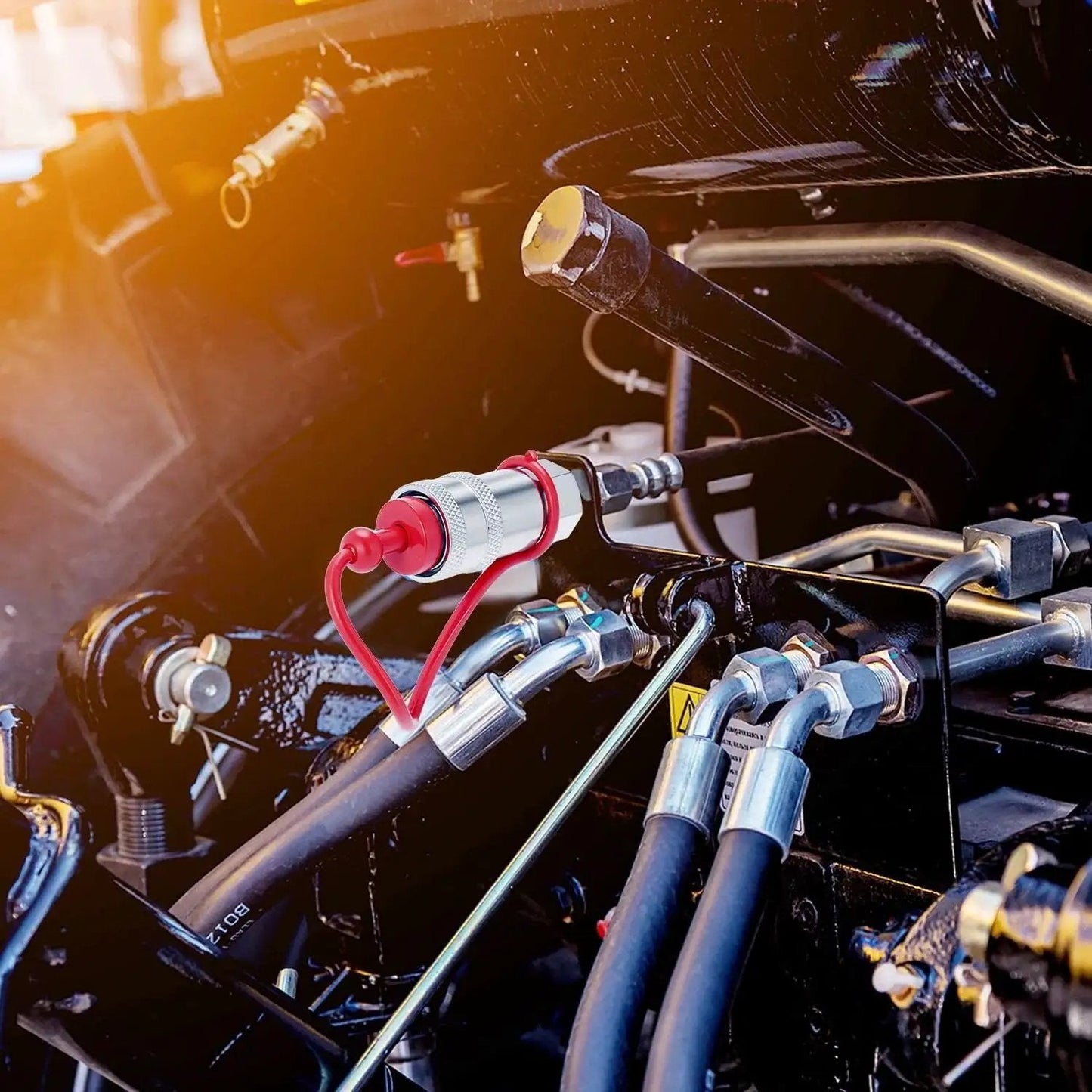 Rugged 1/4 Inch Hydraulic Quick Connect Coupler Set with Dust Caps, 3600 PSI rating, installed on machinery in an agricultural setting.