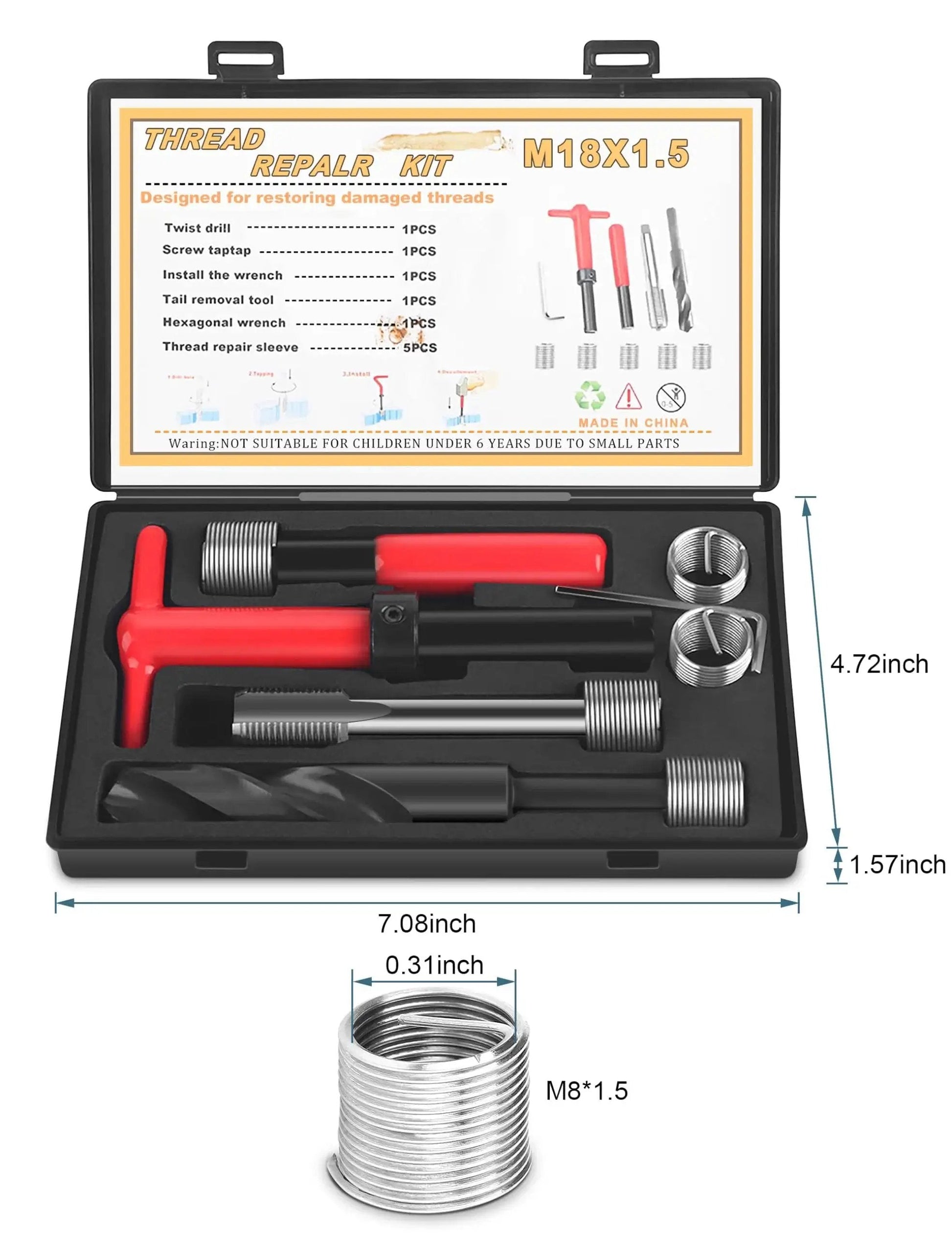 M18x1.5 Thread Repair Kit 10 Piece Helicoil Set With Thread Chaser Portable Metric Inserts For Auto Repair in a black case