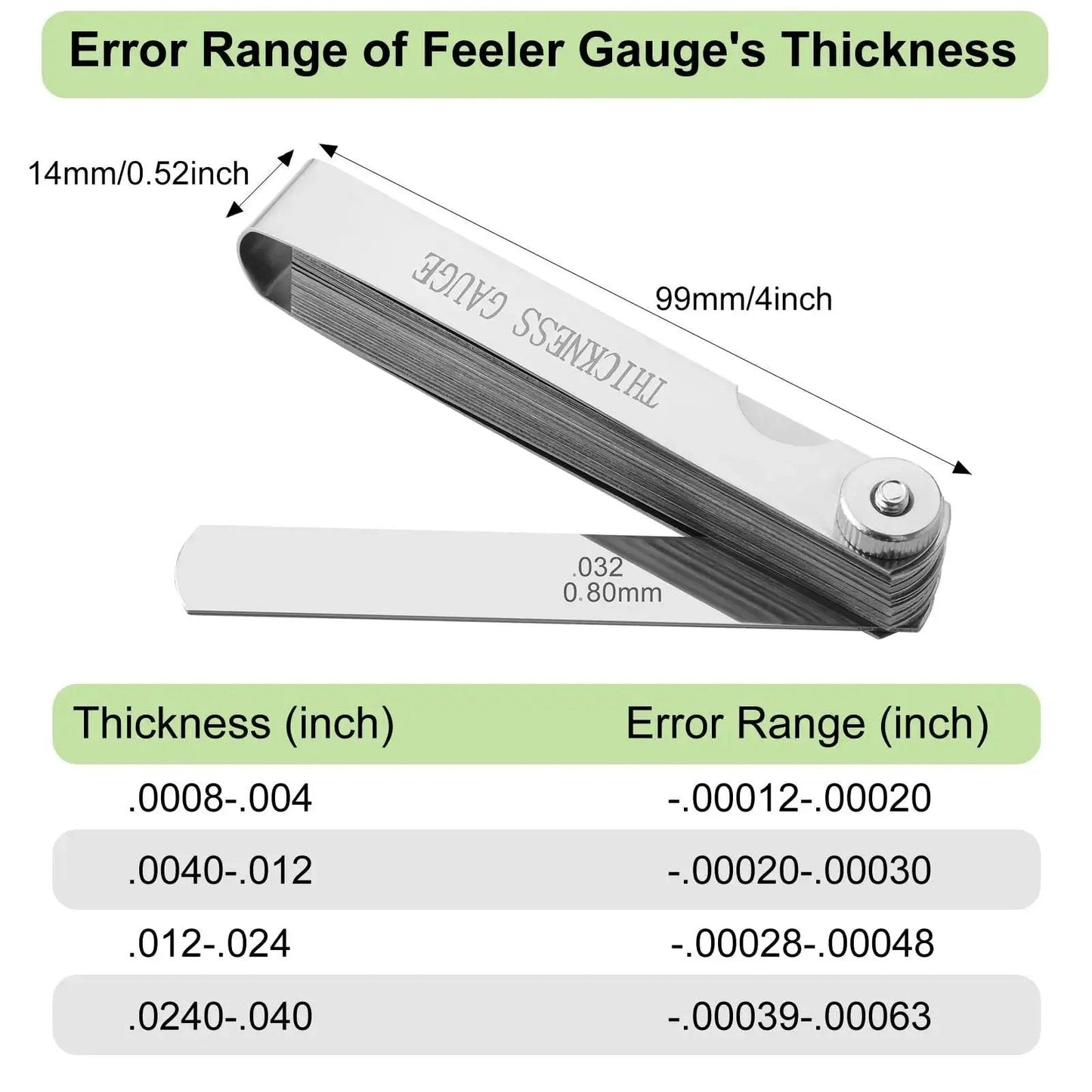 Stainless Steel Feeler Gauge Set With 32 Blades For Precise Valve And Spark Plug Gap Adjustment, shown folded with size details.