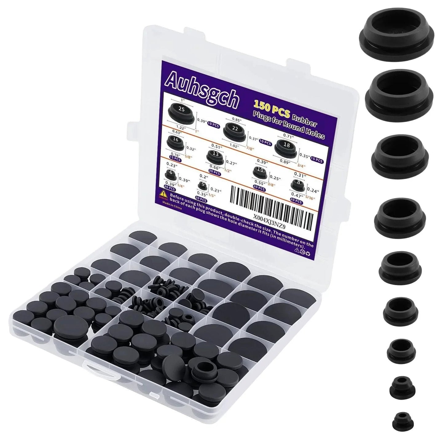 150 Piece Flexible Rubber Hole Plugs Kit In 9 Sizes For Round Holes, snap locking silicone plugs with storage box, ideal for various sealing needs.
