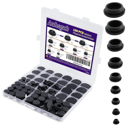 150 Piece Flexible Rubber Hole Plugs Kit In 9 Sizes For Round Holes, snap locking silicone plugs with storage box, ideal for various sealing needs.