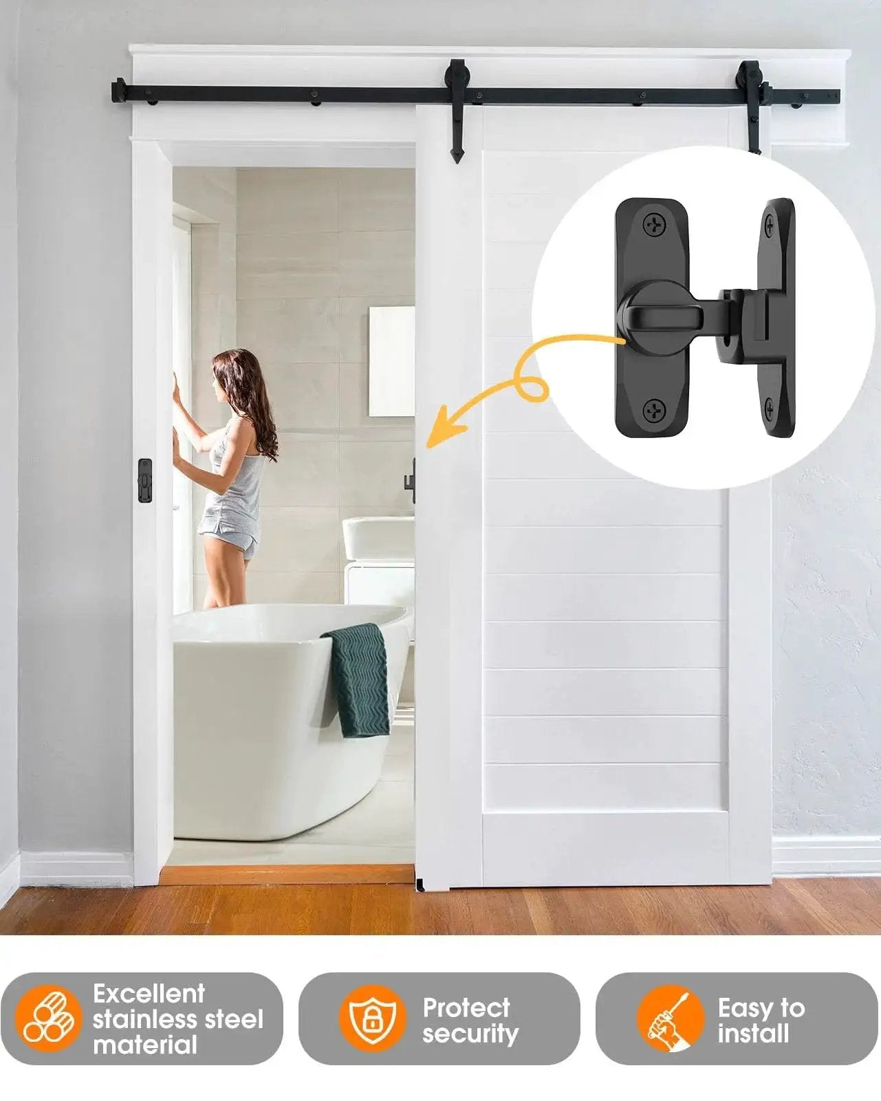 90 To 180 Degree Barn Door Lock Set Black installed on white sliding bathroom door.