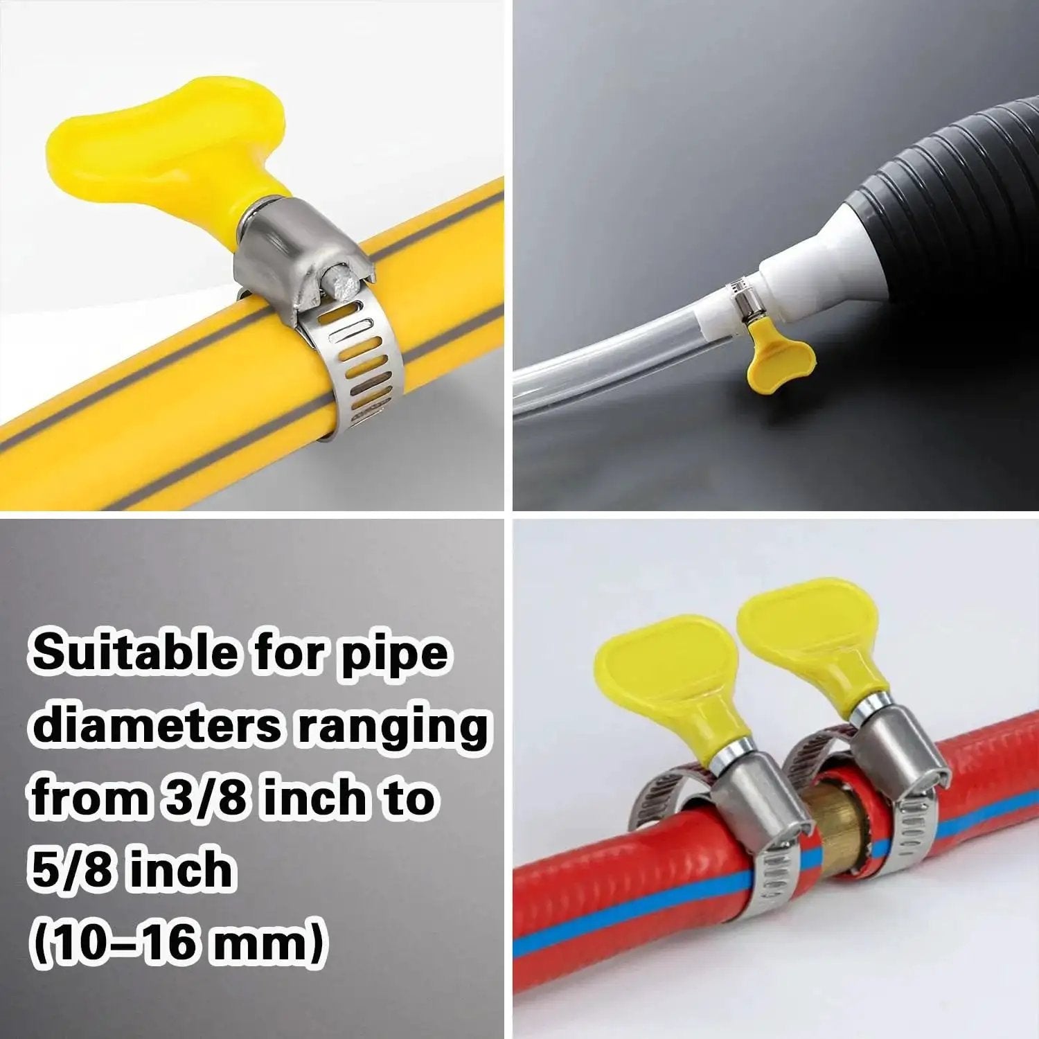 Collage of Stainless Steel Yellow Hose Clamps 10 To 16 Millimeters Adjustable Pack Of 20 for versatile home and mechanical uses