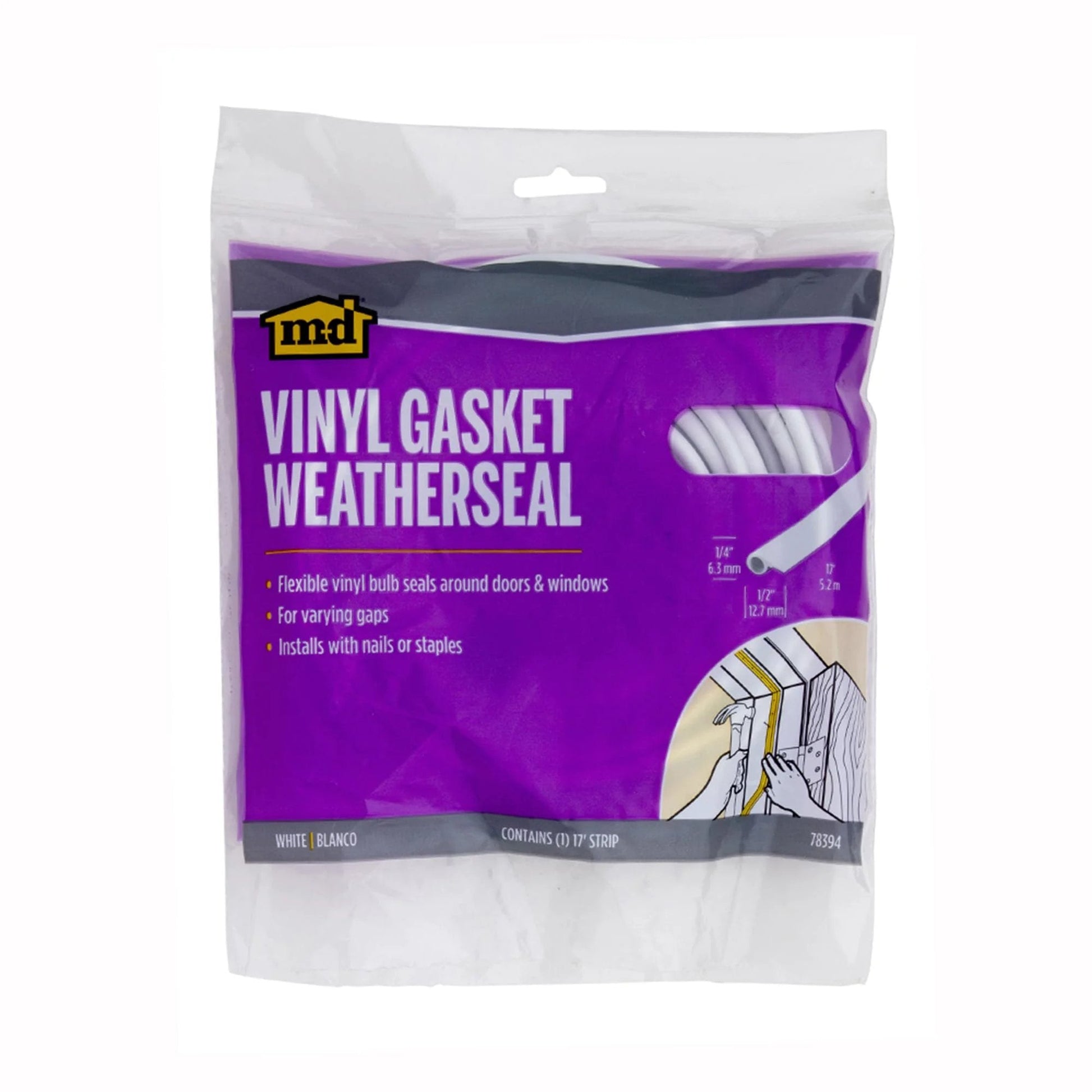 Package of White Vinyl Gasket Weatherseal for Doors and Windows Seventeen Foot Long One Half Inch Wide and One Quarter Inch Tall