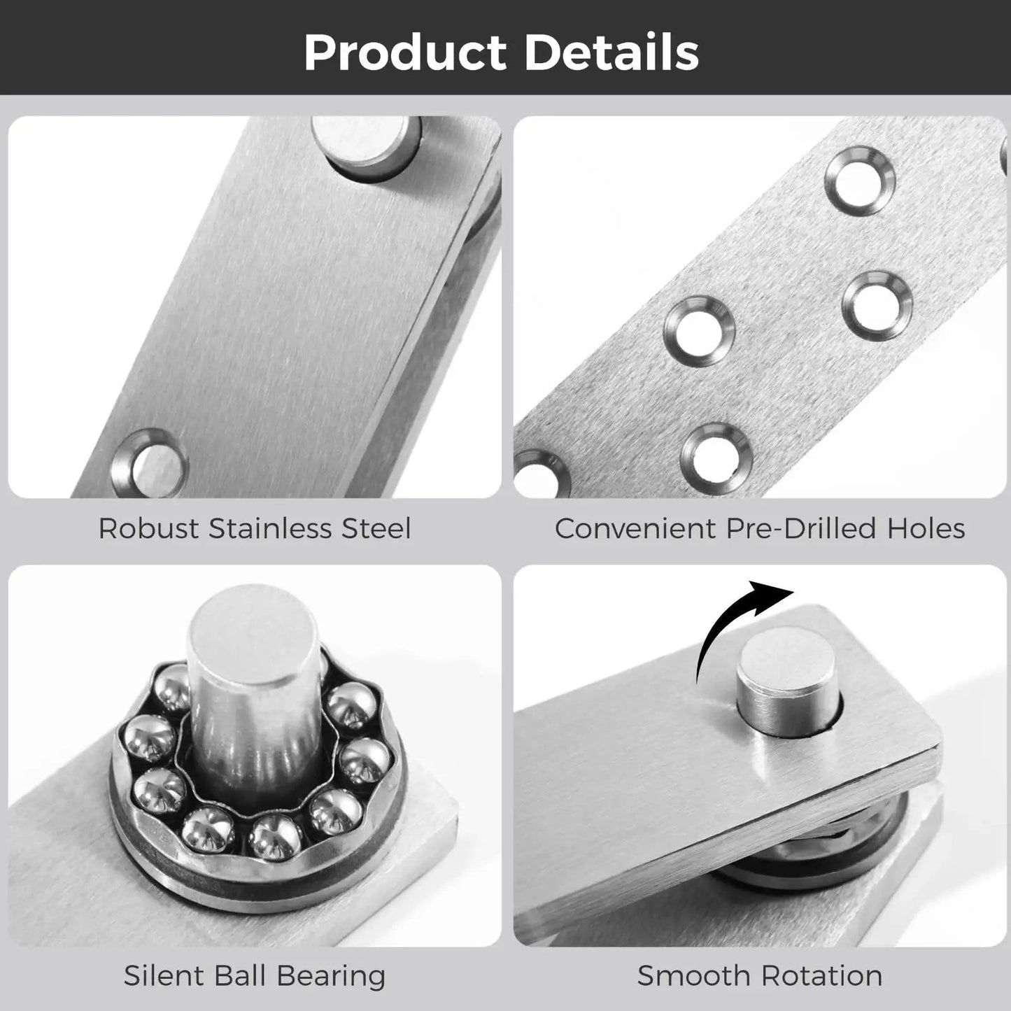 Beefy Heavy Duty Stainless Steel Door Pivot Hinges 2 Pack for Hidden Secret Doors with pre-drilled holes and silent ball bearing.