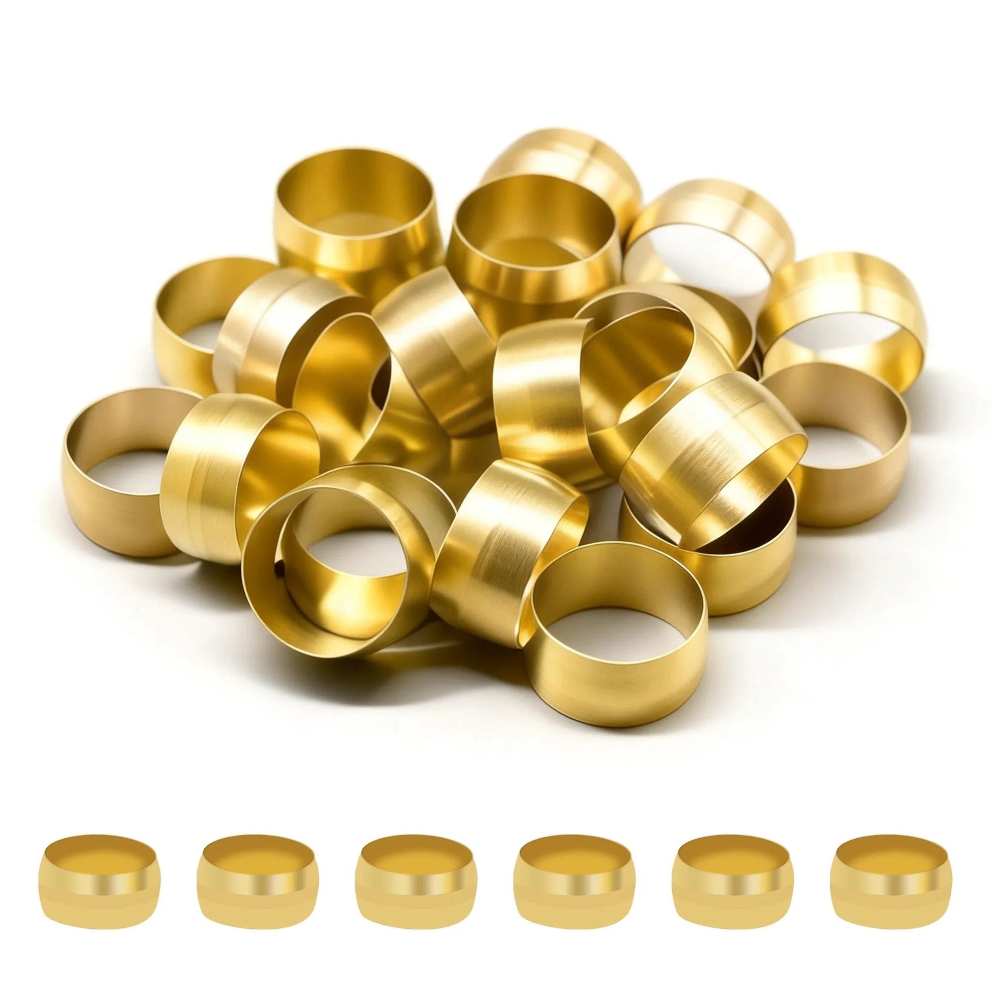 Rugged Brass Compression Sleeves Ferrules For Five Eighths Inch Tube OD Fit For DOT Air Brake Lines Water Fuel Oil Systems, Corrosion Resistant High Pressure Brass Fittings, 25 Piece Set By Siptenk shown in a pile.