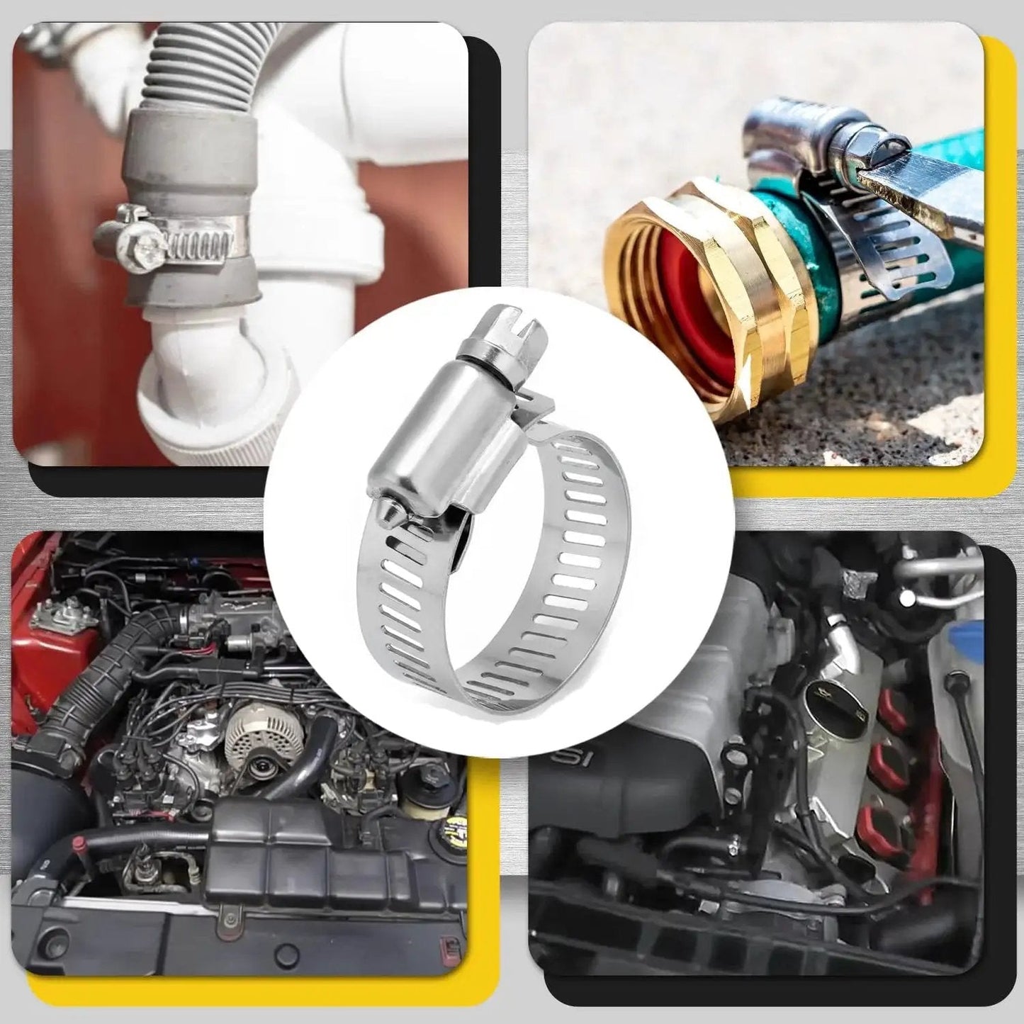 Collage image featuring Stainless Steel Hose Clamps set 6-12mm, close-up of worm gear clamps on hoses in plumbing and automotive use.