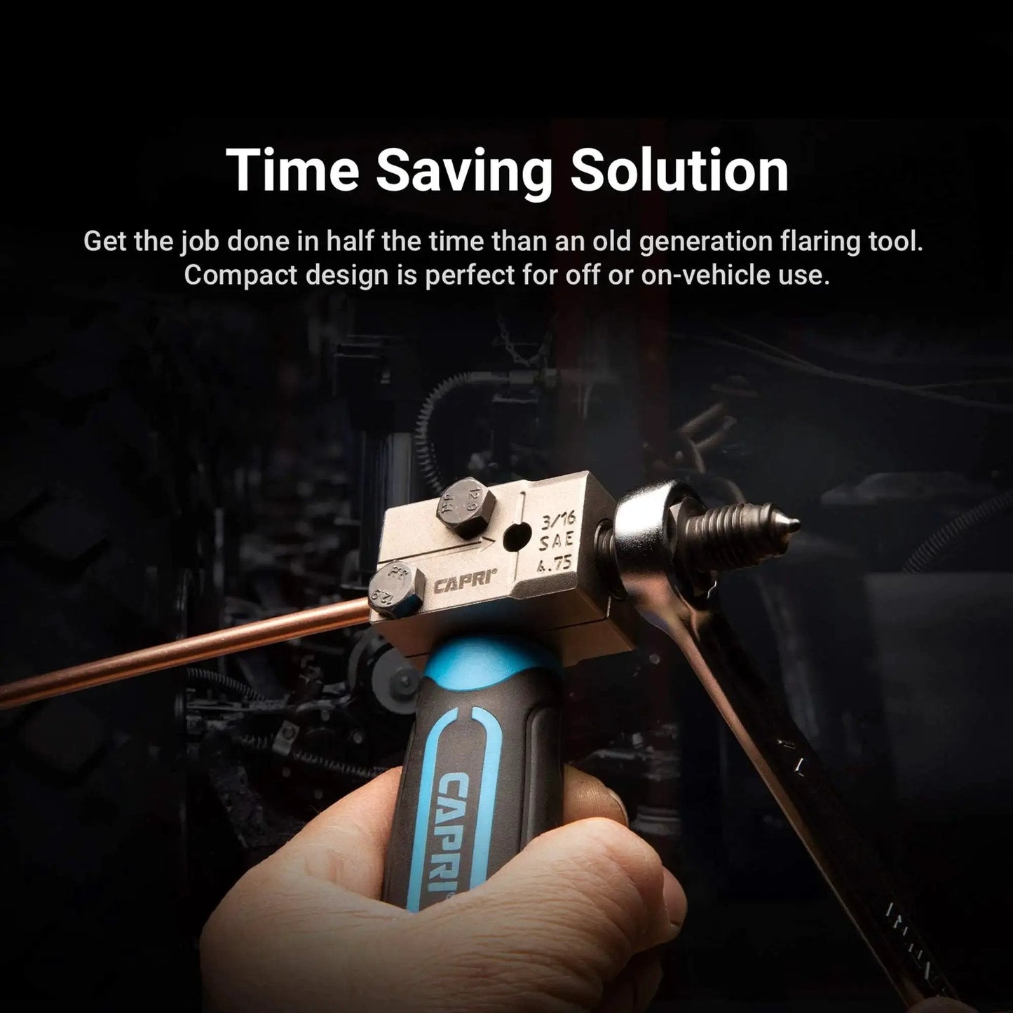 Three Sixteenth Inch Double Flaring Tool For SAE 45 Degree Flares On Line Tubing in use with bench vise