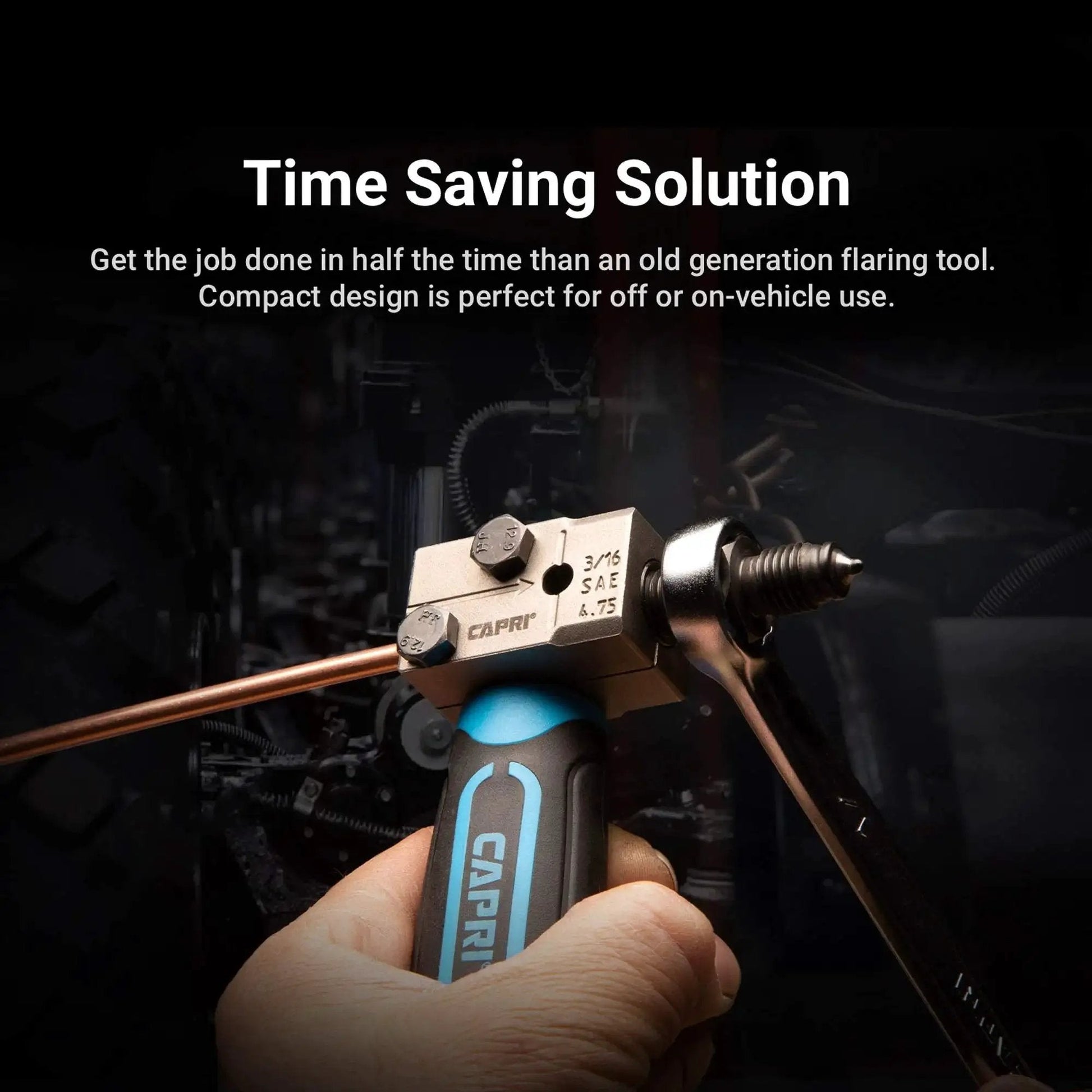 Three Sixteenth Inch Double Flaring Tool For SAE 45 Degree Flares On Line Tubing in use with bench vise
