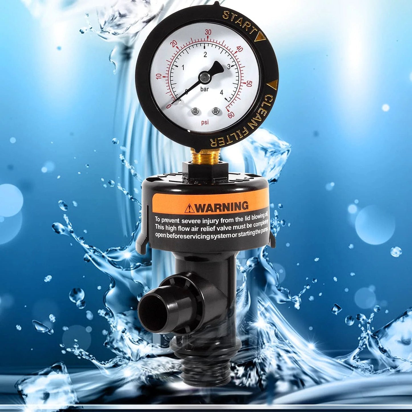 High Flow Manual Relief Valve with Integrated Pressure Gauge for Pool and Spa Cartridge Filters Replacement, front view