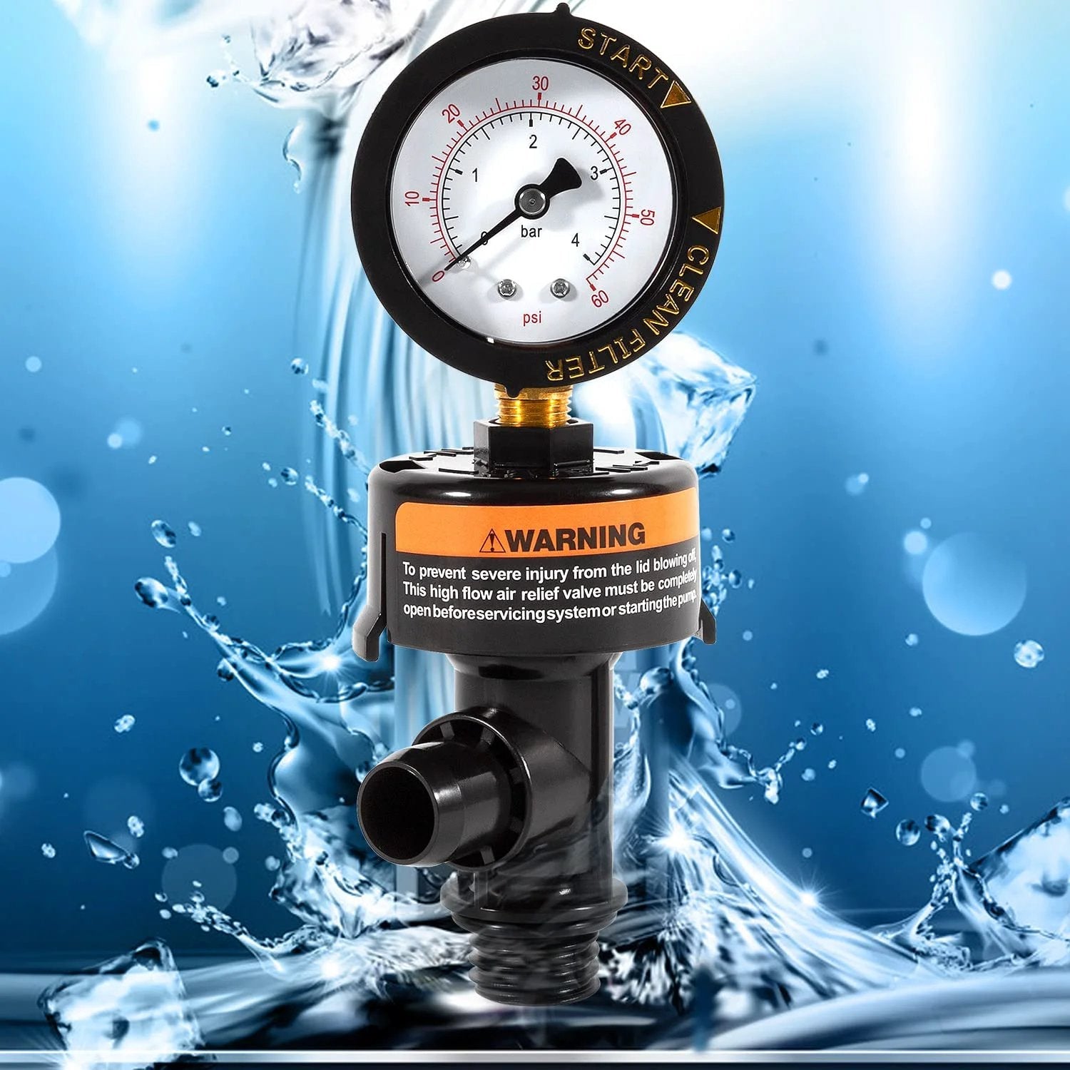 High Flow Manual Relief Valve with Integrated Pressure Gauge for Pool and Spa Cartridge Filters Replacement, front view