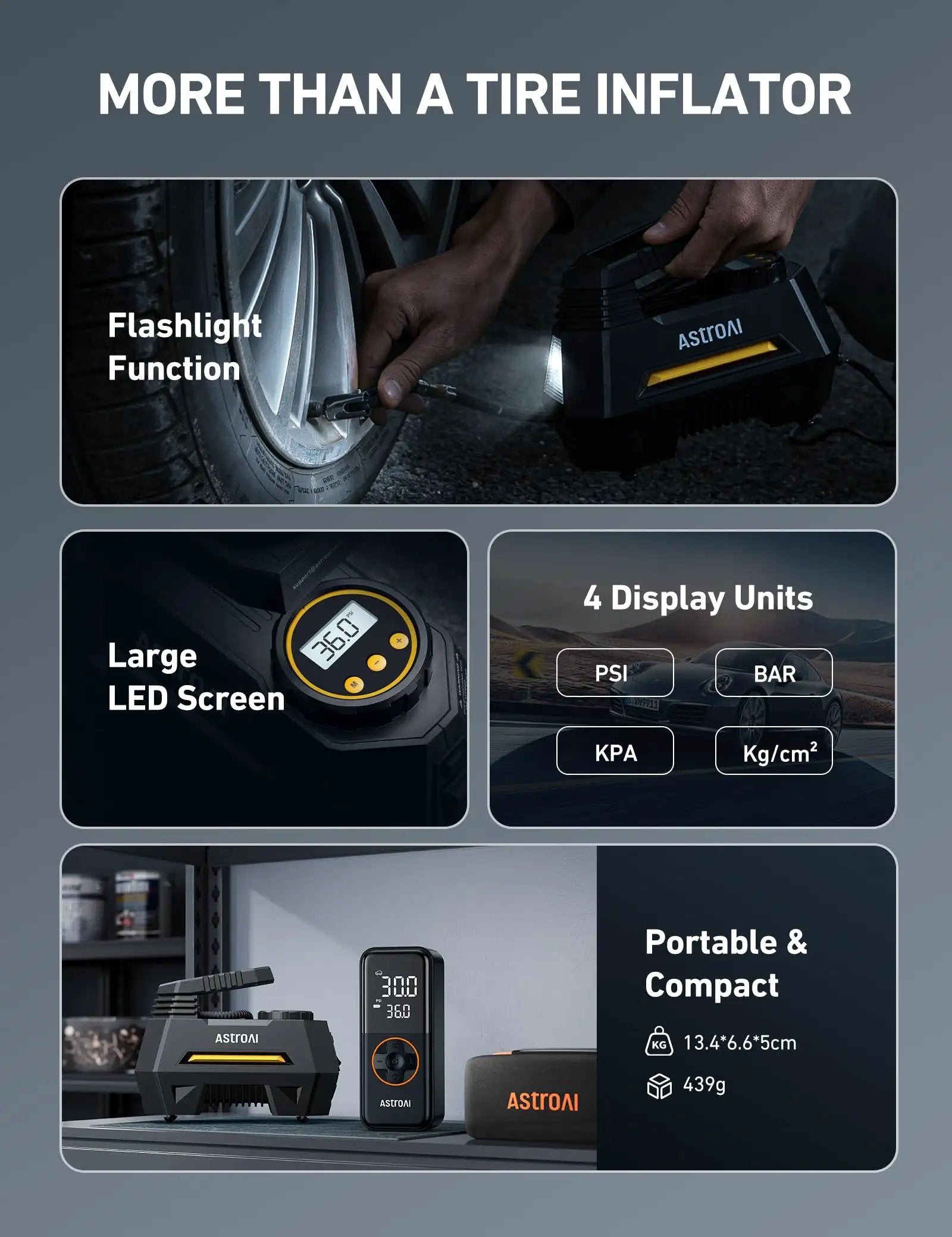 Portable Tire Inflator On The Go With Digital Gauge And Emergency LED Light For Cars And Bikes 12V DC Car Air Pump with large LED screen