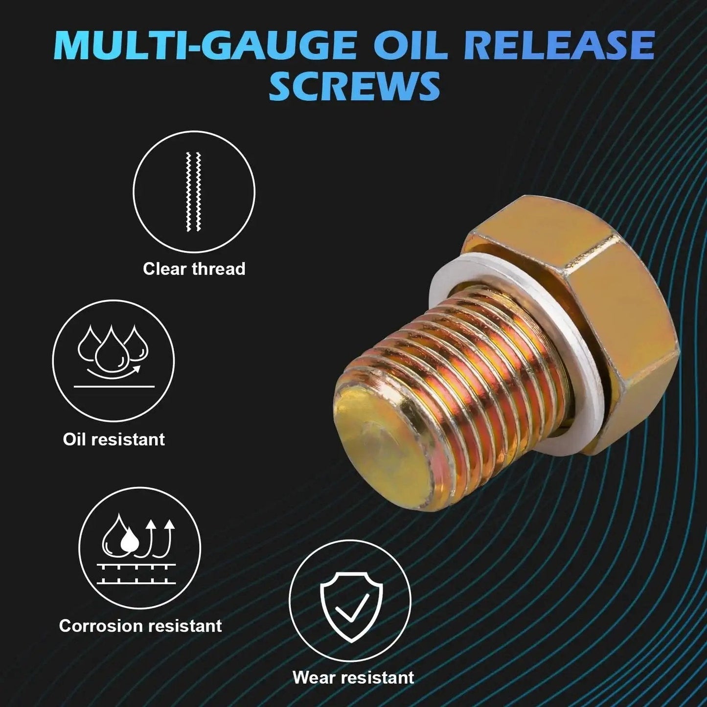 Close-up of clear-thread oil release screw from 114 Piece Oil Pan Drain Plug Repair Kit With Six Metric Taps From M13 X 1.25 To M22 X 1.5 And 36 Replacement Plugs For Automotive Rethreading Universal Metric Tool Set For Cars Trucks And SUVs Garage Grade Pro Style.