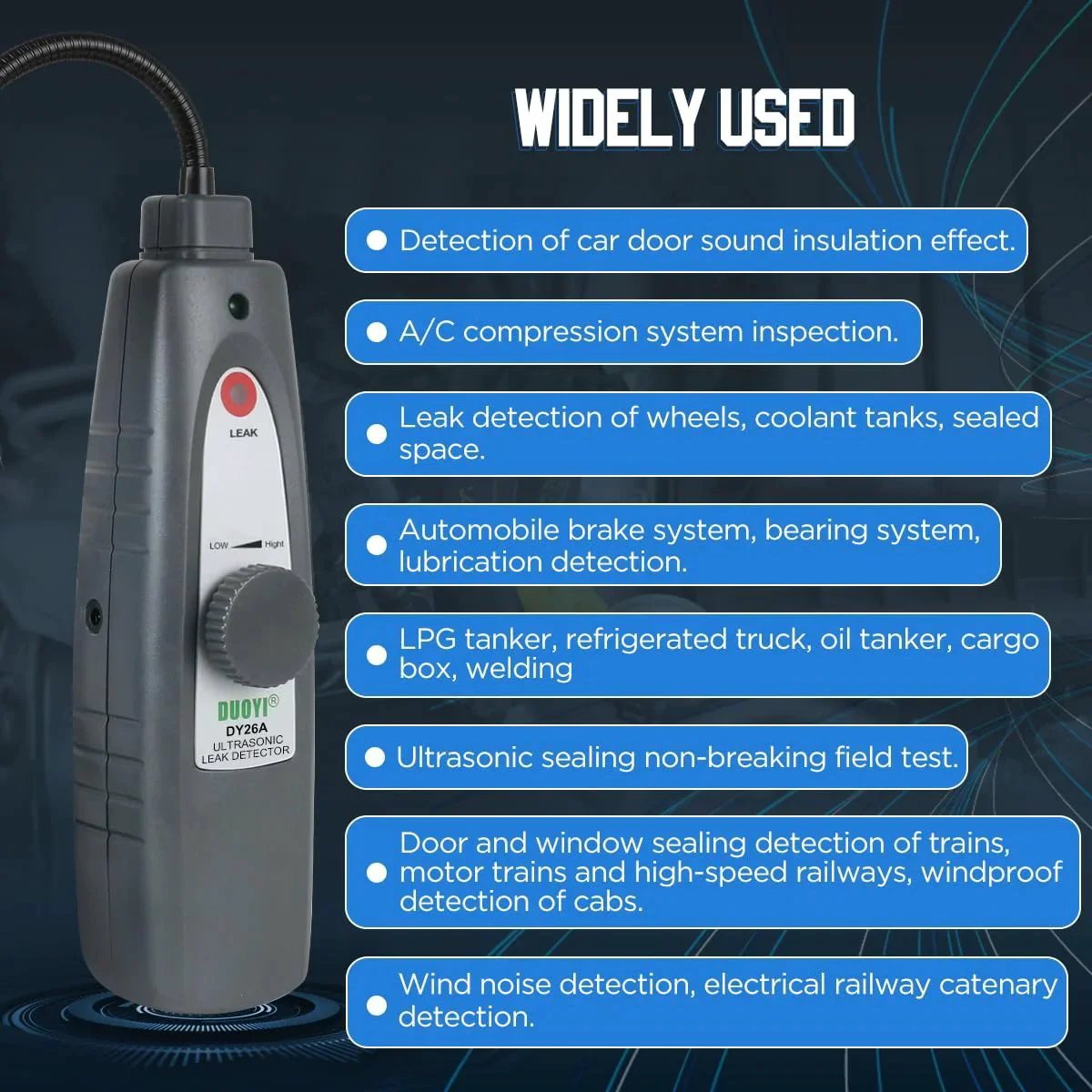 Ultrasonic Leak Detector With Headphones Included For Steam Pipes And Automotive Noise Finding 40KHz Plus Or Minus 2KHz Range Adjustable Sensitivity 420Millimeter Probe High Sensitivity Sensor shown with usage scenarios listed.