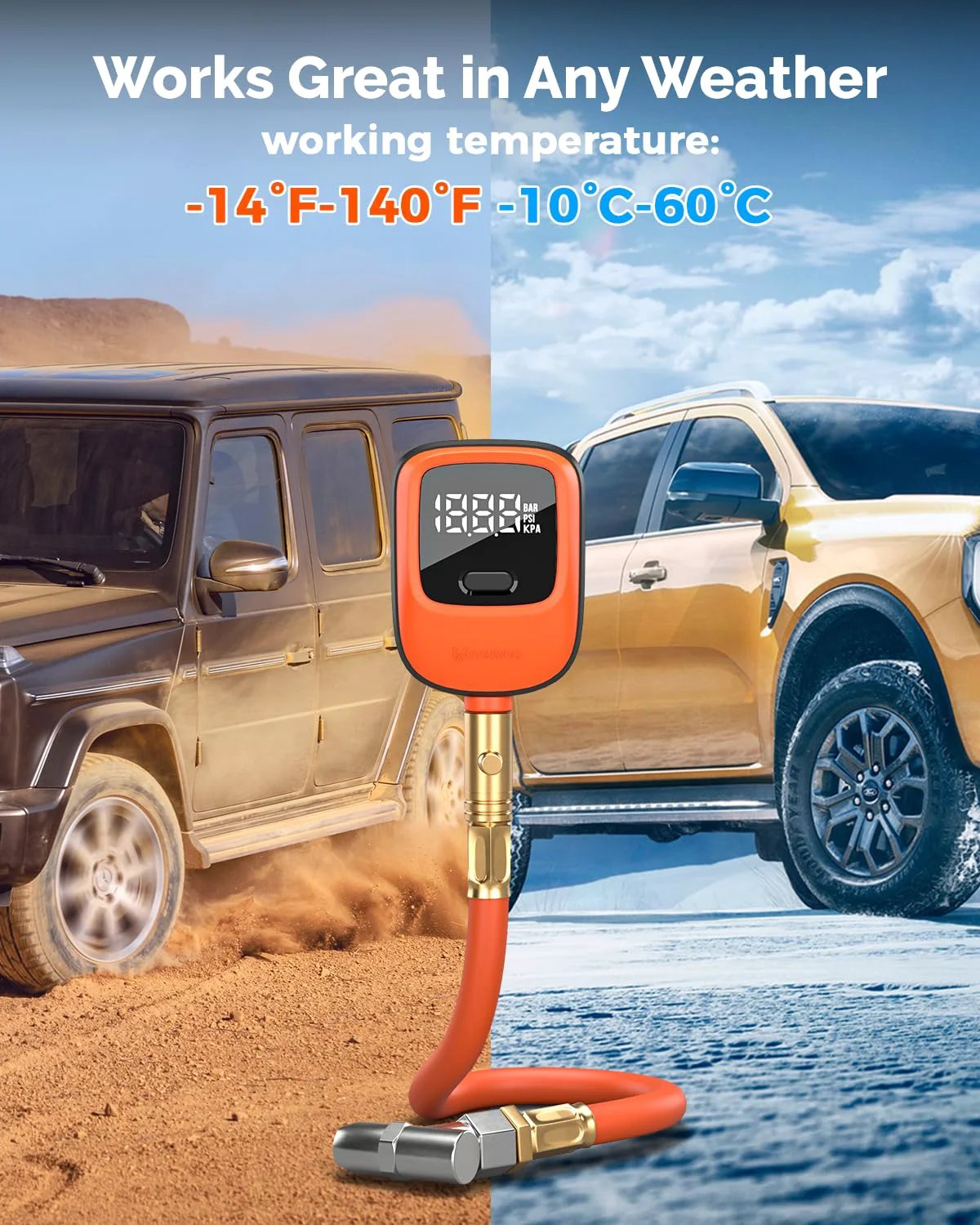 Digital Tire Pressure Gauge With Rubber Hose And Replaceable AA Batteries Delivers 0 To 250 PSI Readings ANSI B40 7 2A High Precision Plus Minus 1 Percent Pro Grade Accuracy For Cars Trucks SUVs And Bicycles shown in use with vehicles.