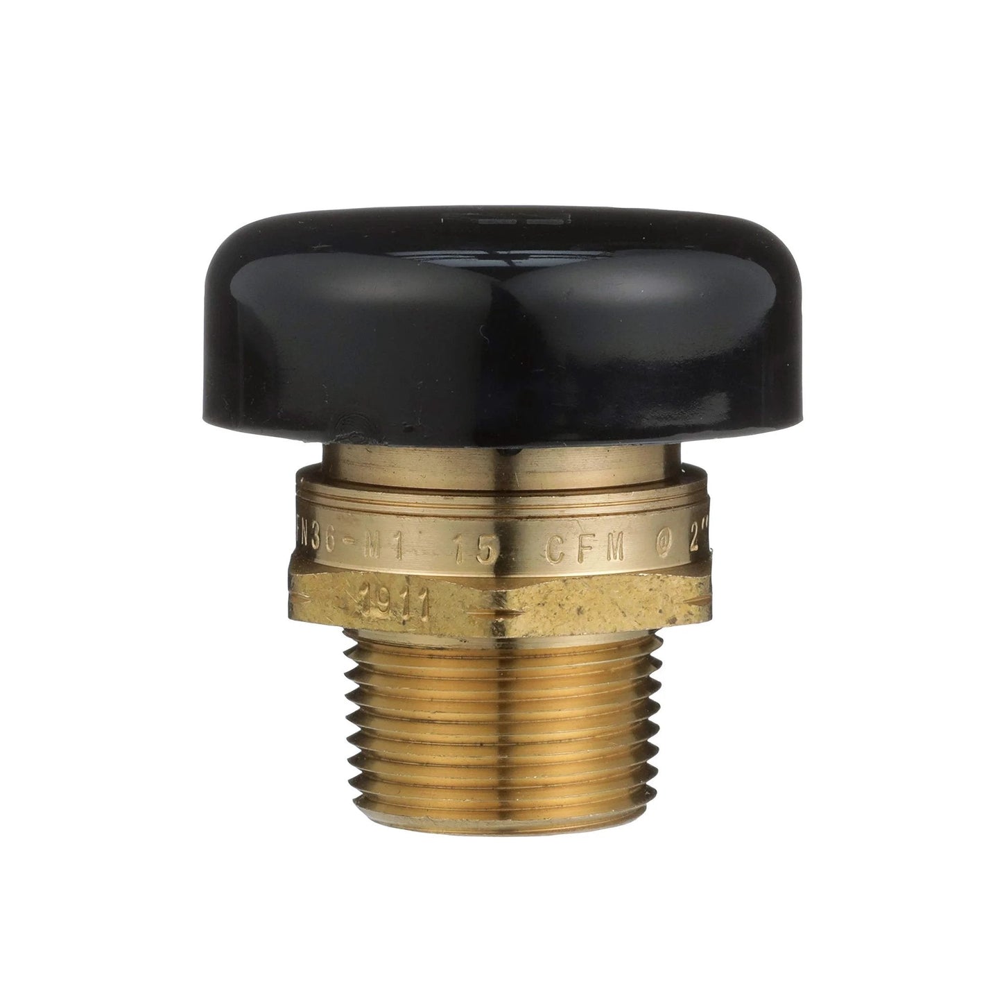 Low Profile Vacuum Relief Valve For Water Service And Heater Tanks Three Quarter Inch No Fuss Easy Install Prevents Siphoning And Vacuum Damage In Piping Watts LFN36 M1, brass body with black cap, front view