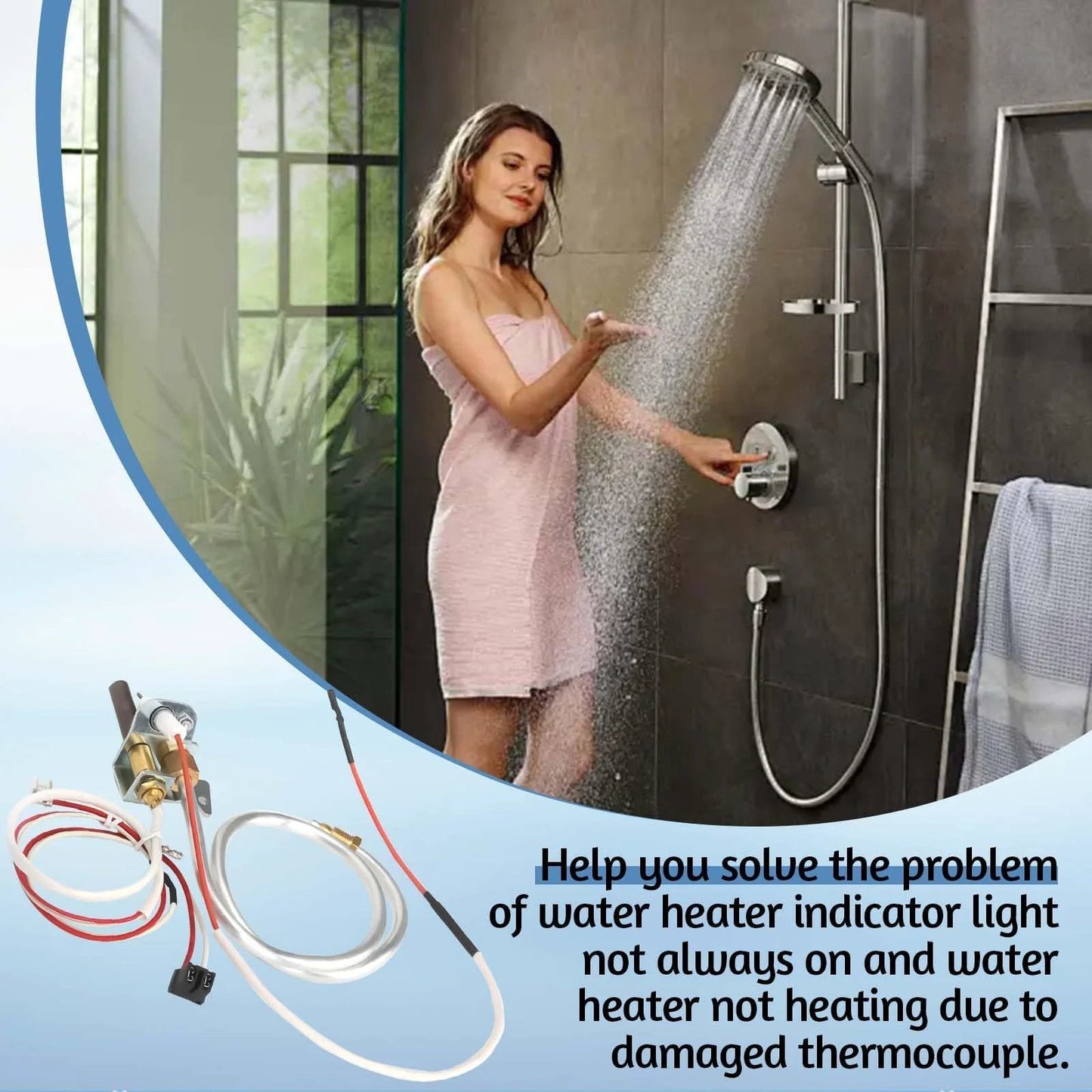 Person adjusting shower with Water Heater Pilot Assembly Replacement Parts For Whirlpool 300 And 301 Series shown in corner.