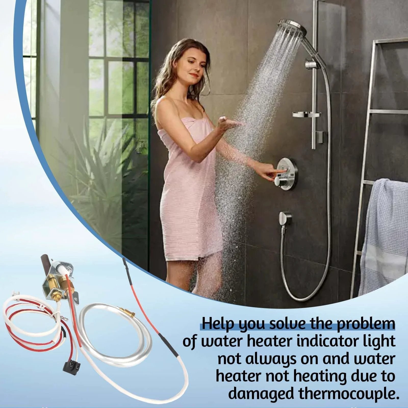 Person adjusting shower with Water Heater Pilot Assembly Replacement Parts For Whirlpool 300 And 301 Series shown in corner.