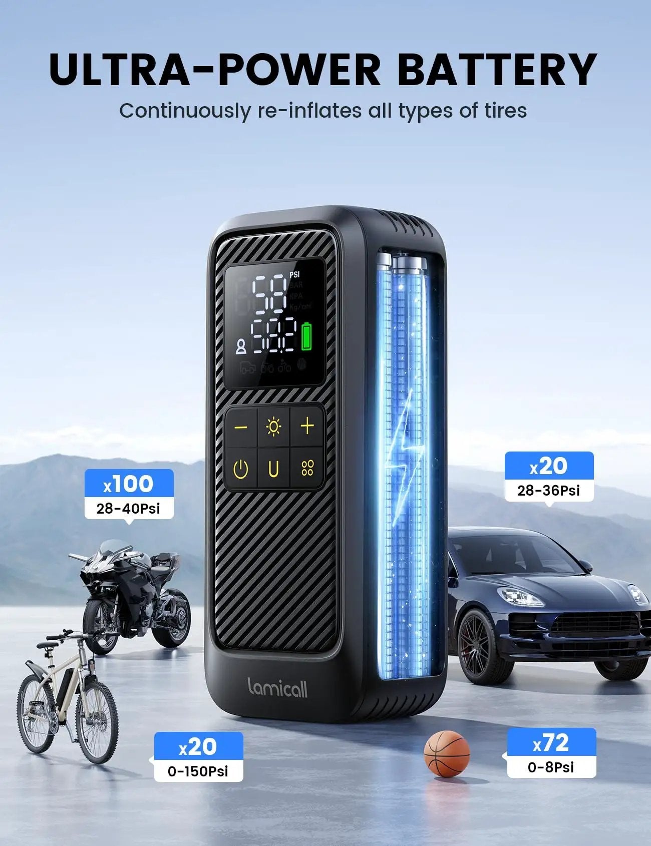 Fast Tire Inflator Portable Air Pump With Digital Gauge And LED Light 150 PSI Electric Tire Pump For Car And Motorcycle 5x Faster Inflation showing front view with digital display and light.