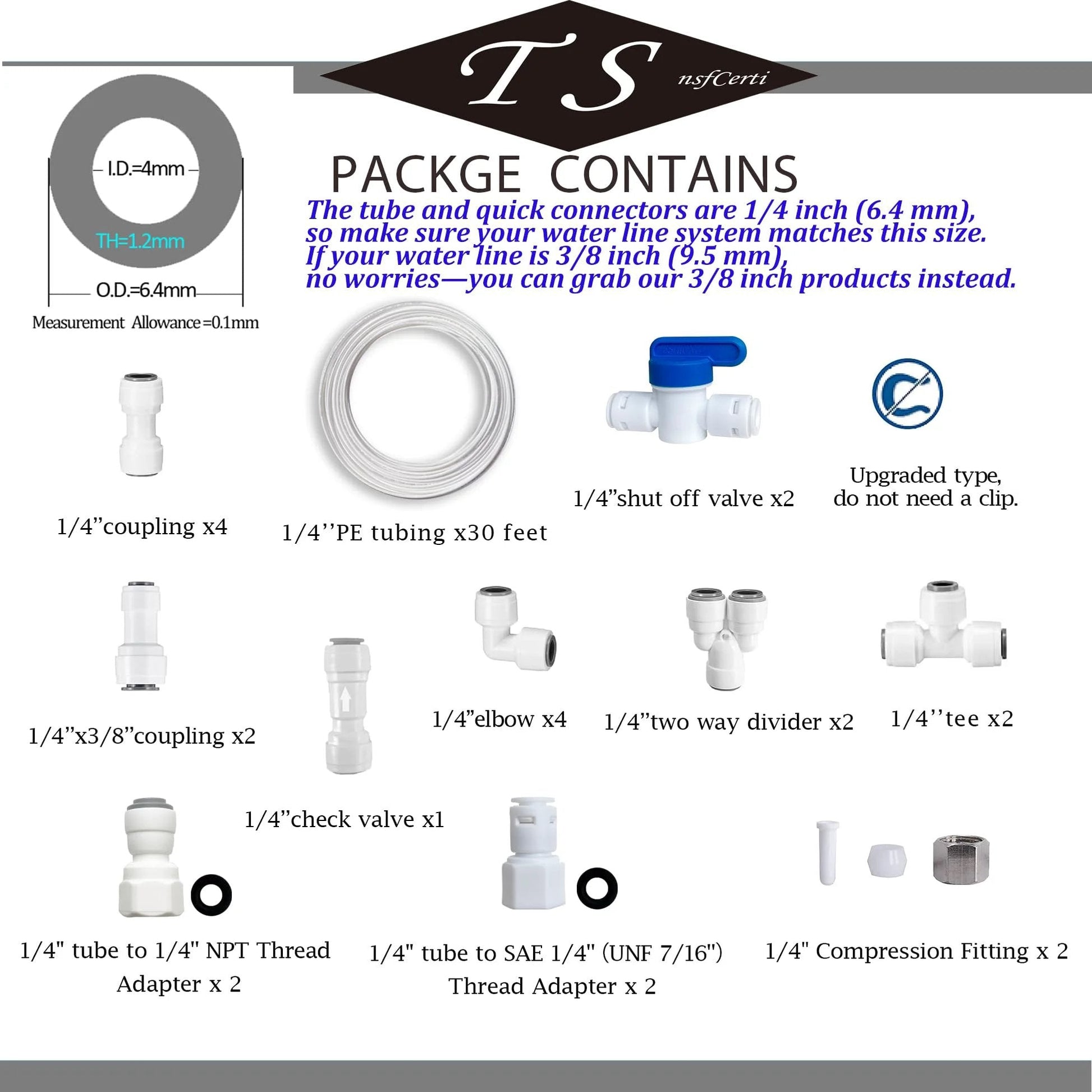 Image showing Premium One Quarter Inch Water Line Tubing And Push To Connect Fittings For Reverse Osmosis Systems Refrigerator Kits With 23 Connectors And 30 Feet Of One Quarter Inch OD Tubing TSnsfCerti NSF Certified BPA Free POM Material No Fuss Install, including tubing and various connectors.