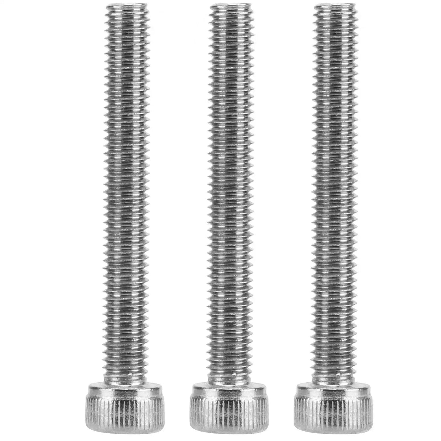 Three stainless steel threaded bolts with knurled heads standing upright on a white background.