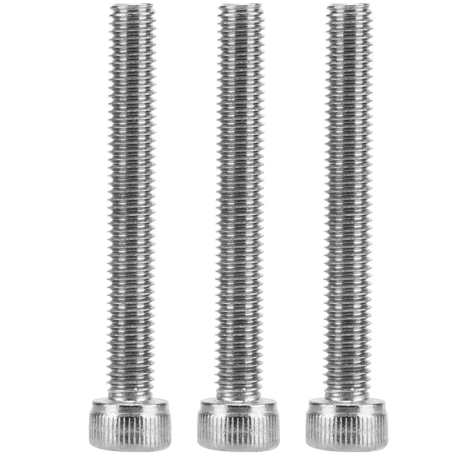 Three stainless steel threaded bolts with knurled heads standing upright on a white background.