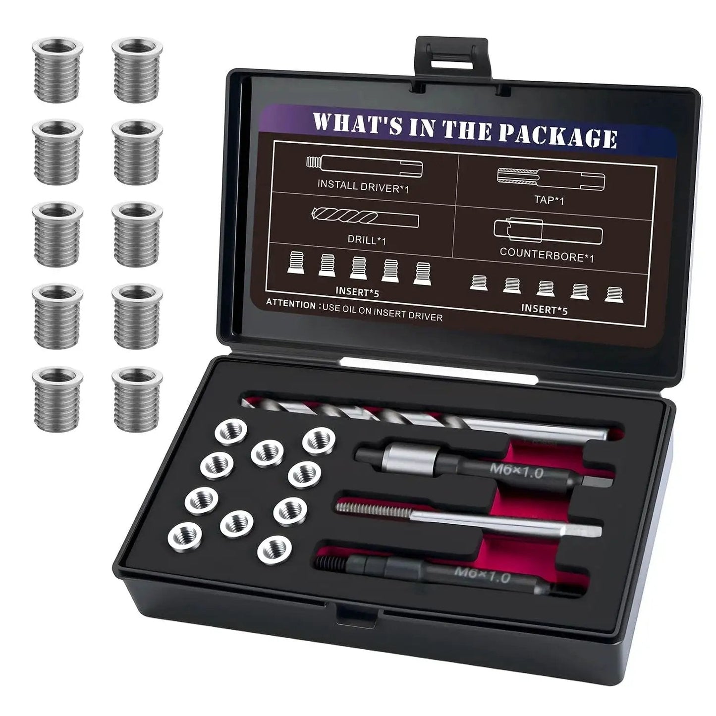 M6x1.0 Thread Repair Kit With 9.4mm Stainless Inserts Drill Tap Driver in open case showing drill, tap, and inserts