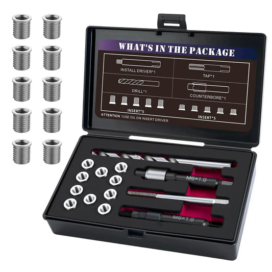 M6x1.0 Thread Repair Kit With 9.4mm Stainless Inserts Drill Tap Driver in open case showing drill, tap, and inserts