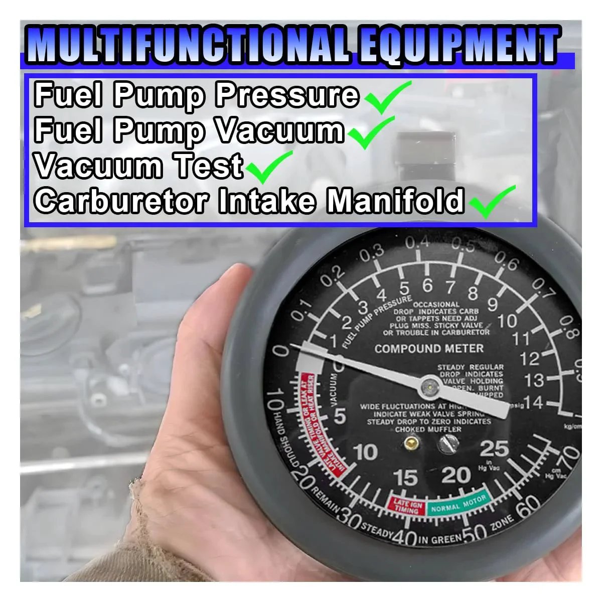 Universal Vacuum And Fuel Pump Tester Gauge Kit By UHANBUT for cars and trucks showing fuel pump and vacuum pressure dial.