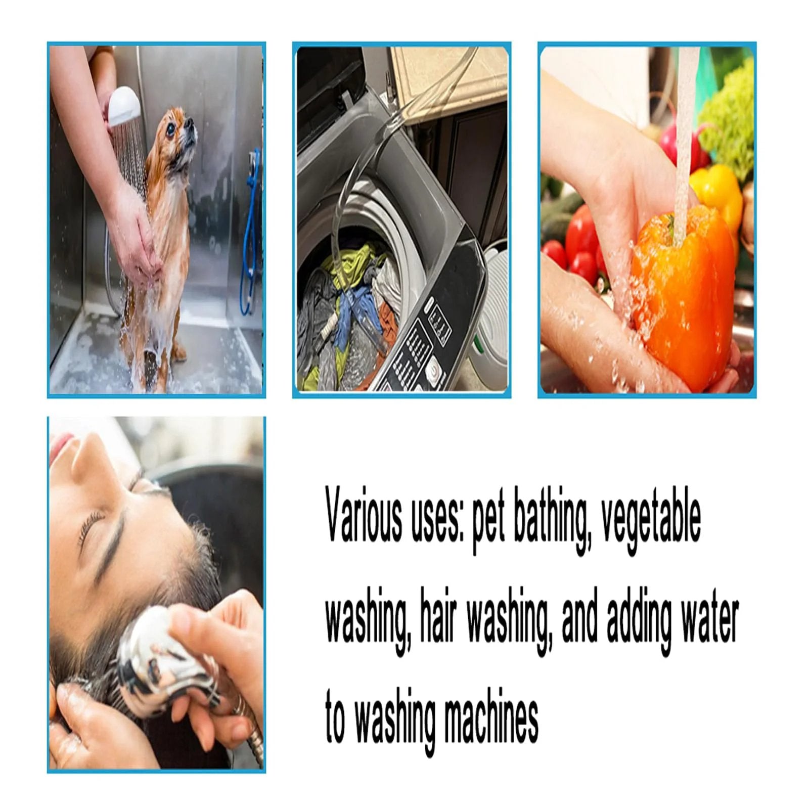 Various uses of Sink Hose Attachment Portable Faucet Sprayer For Dog Bathing And Outdoor Cleaning On The Go With Tool Free Quick Connect Dual Size Adaptable Heads Easy Switch From Faucet To Shower No Tools Required: pet bathing, vegetable washing, hair washing, and filling washing machines.