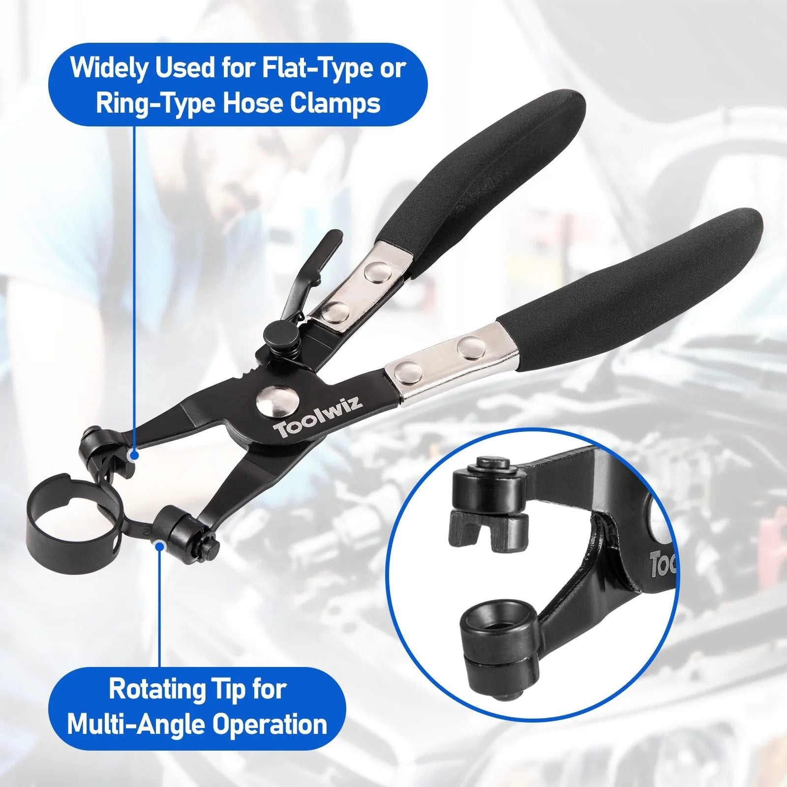 Front view of swivel pliers from 130-Piece Spring Band Hose Clamp Set With Swivel Pliers 6-25mm Constant Tension Clamps For Radiator.