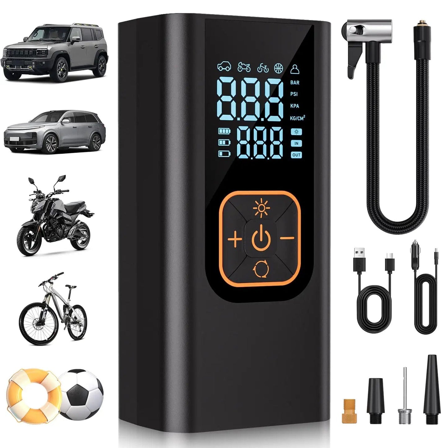 Portable Tire Inflator With 180 PSI Digital Gauge For Cars, Motorcycles, Bikes, And Balls, 12V DC Power, LED Light, Fast 6X Inflation, Compact Air Compressor with digital display and accessories.