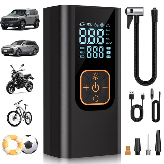 Portable Tire Inflator With 180 PSI Digital Gauge For Cars, Motorcycles, Bikes, And Balls, 12V DC Power, LED Light, Fast 6X Inflation, Compact Air Compressor with digital display and accessories.