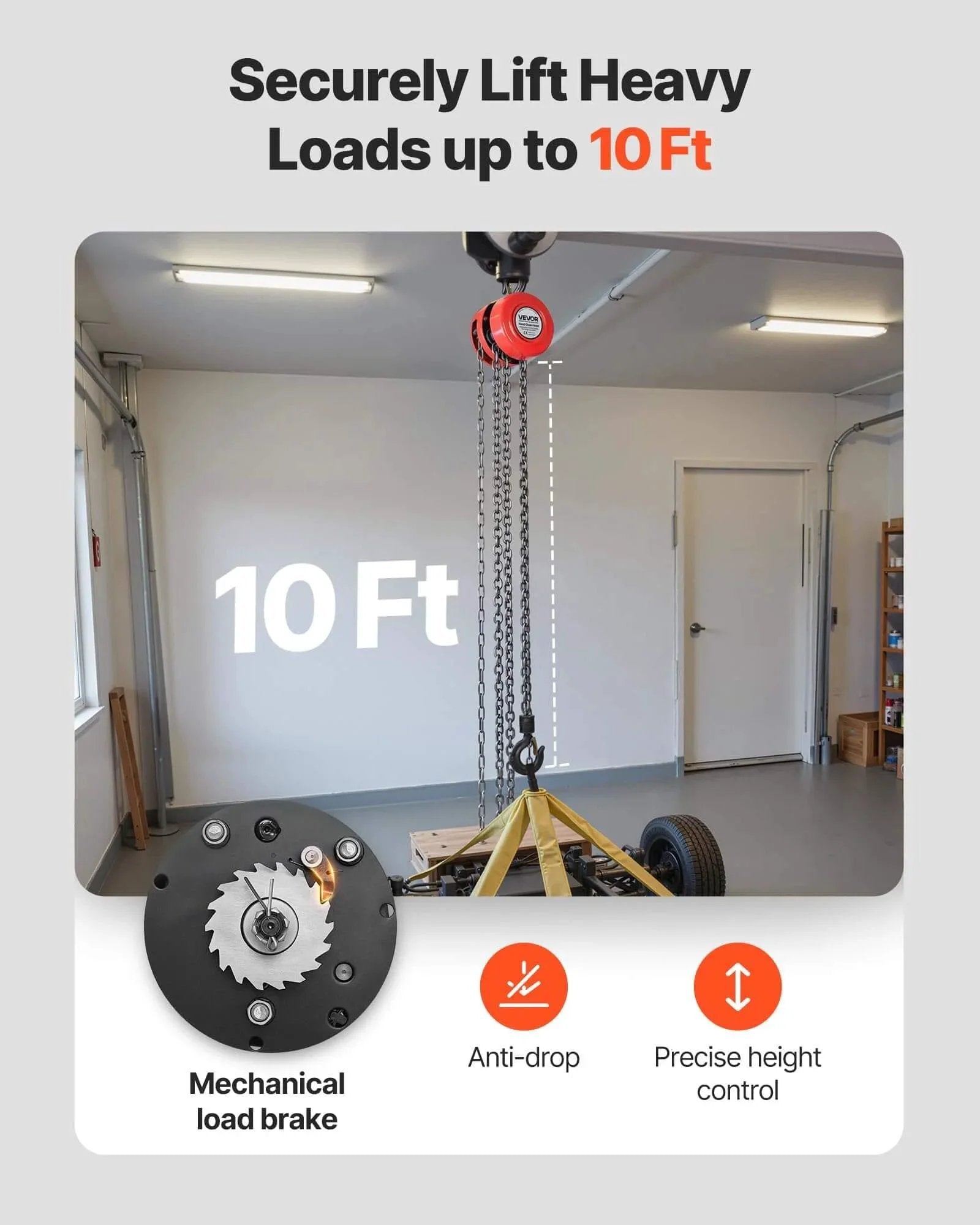 1 Ton Hand Chain Hoist With 10 Ft Lift Height And Galvanized G70 Chain in garage setting, highlighting mechanical load brake detail.