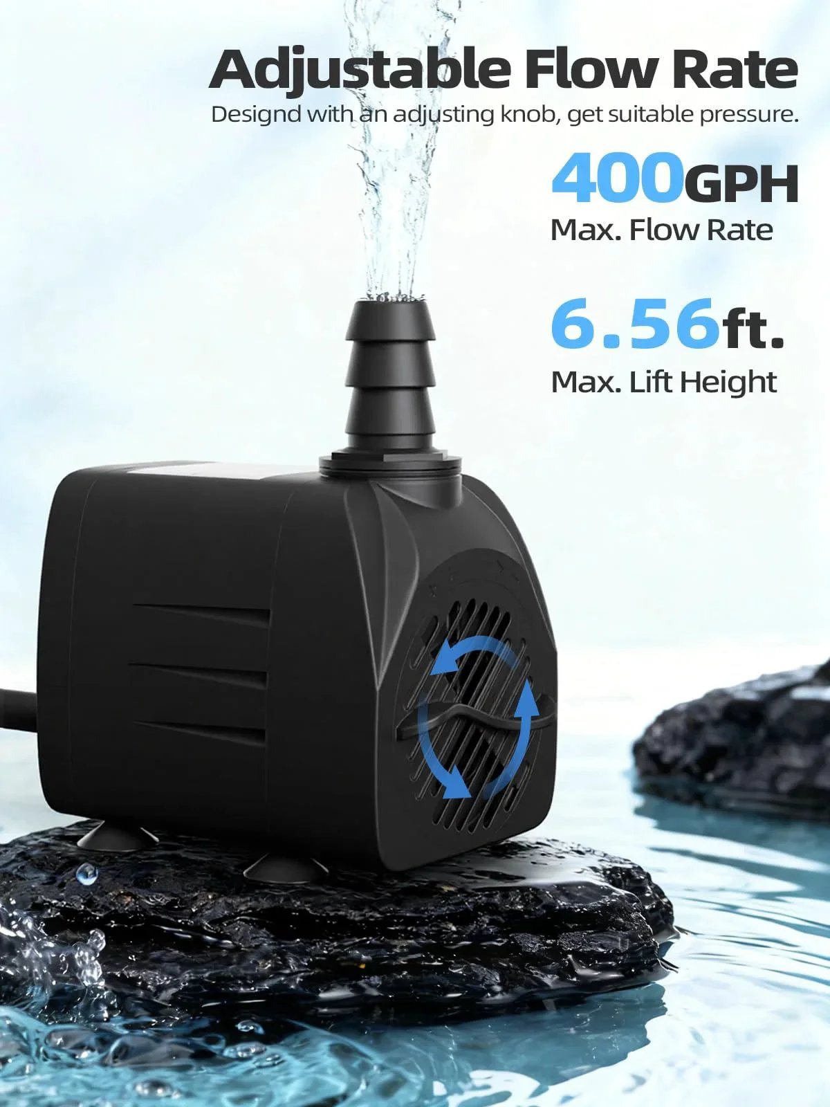 Ultra Quiet 400GPH Submersible Water Pump for Pond, Fountain, Aquarium, and Hydroponics with 6.56 ft lift shown on rocks