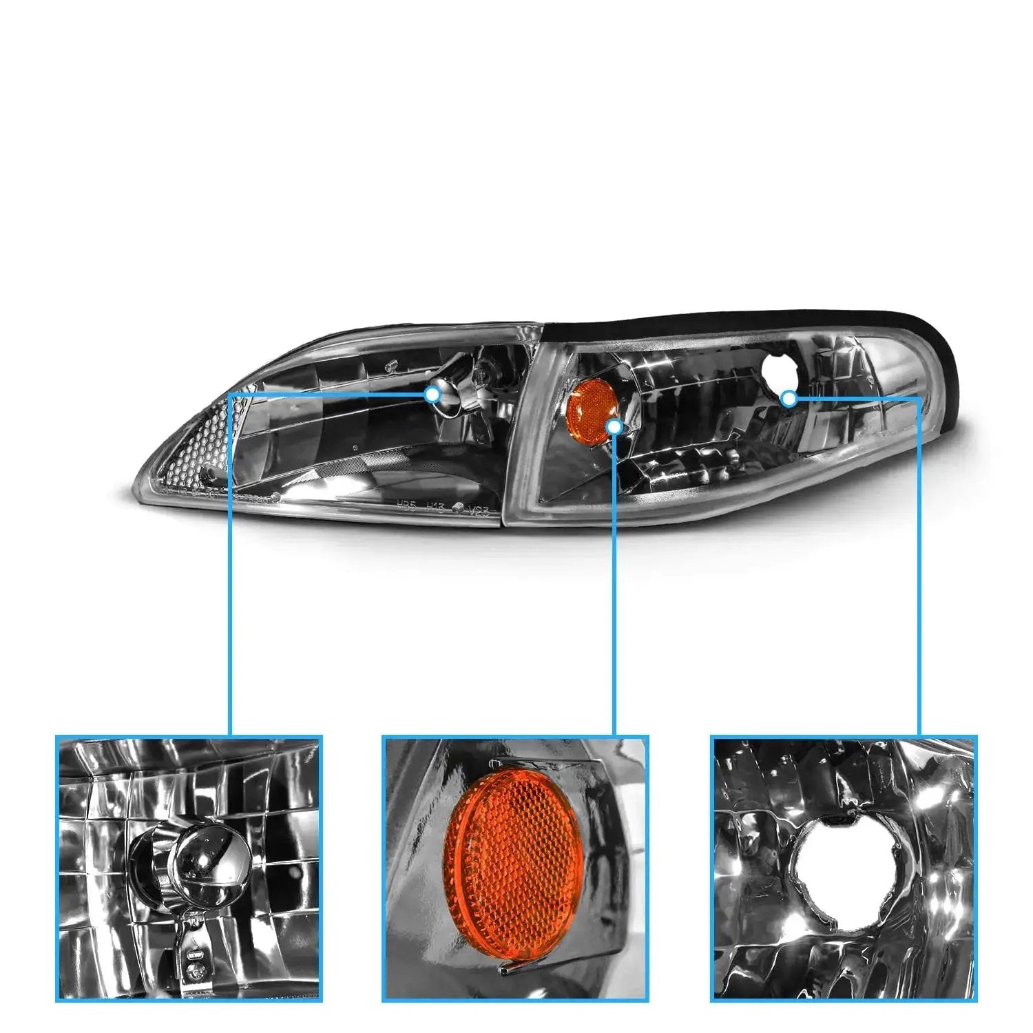 Replacement Headlights For 1994 1998 Ford Mustang Gun Metal Corner Turn Signal Set Direct Fit Driver And Passenger Side