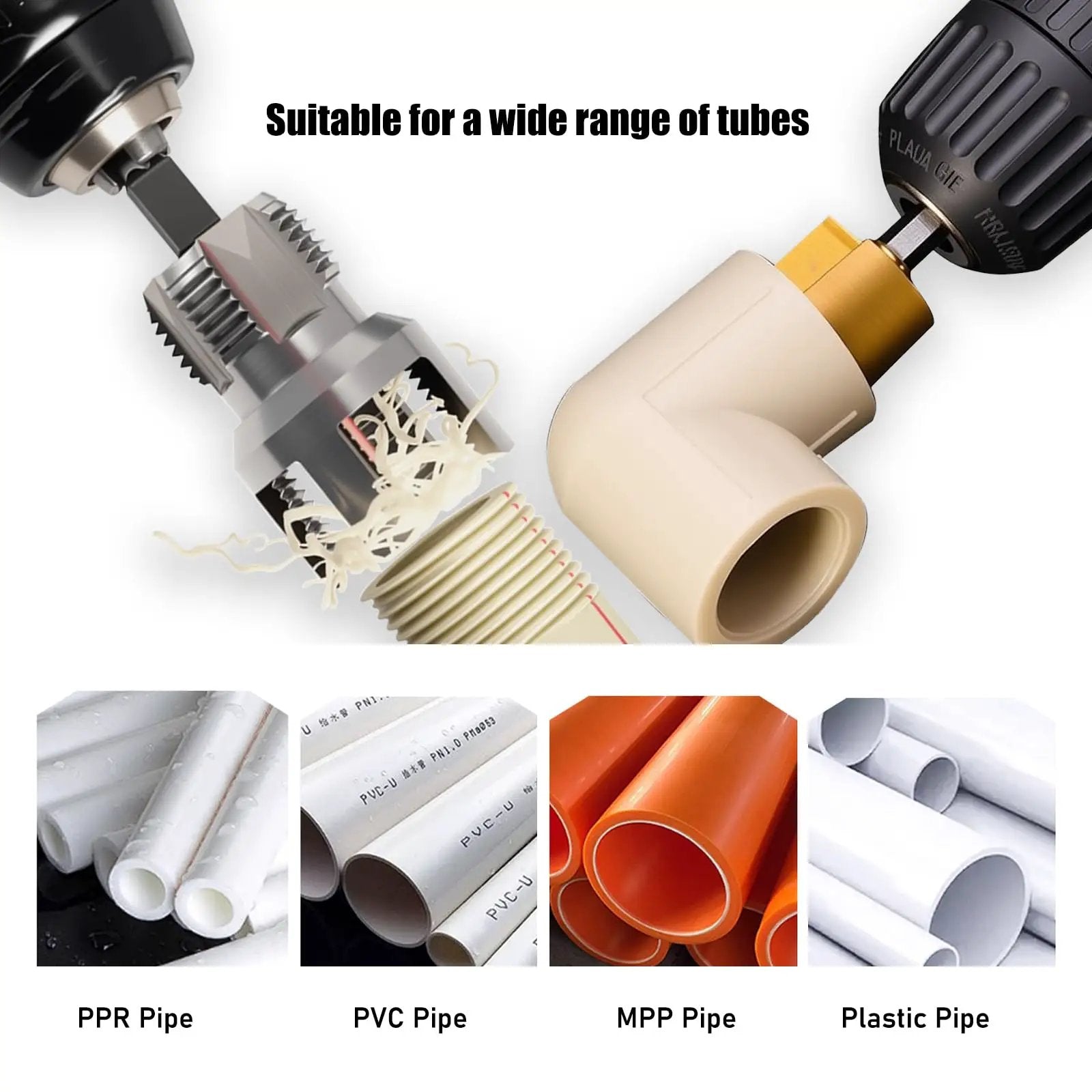 Drill Style PPR Pipe Threader And Reaming Kit For One Half Inch And Three Quarter Inch PVC Pipes With Reaming Bit Set in use on PVC pipe.