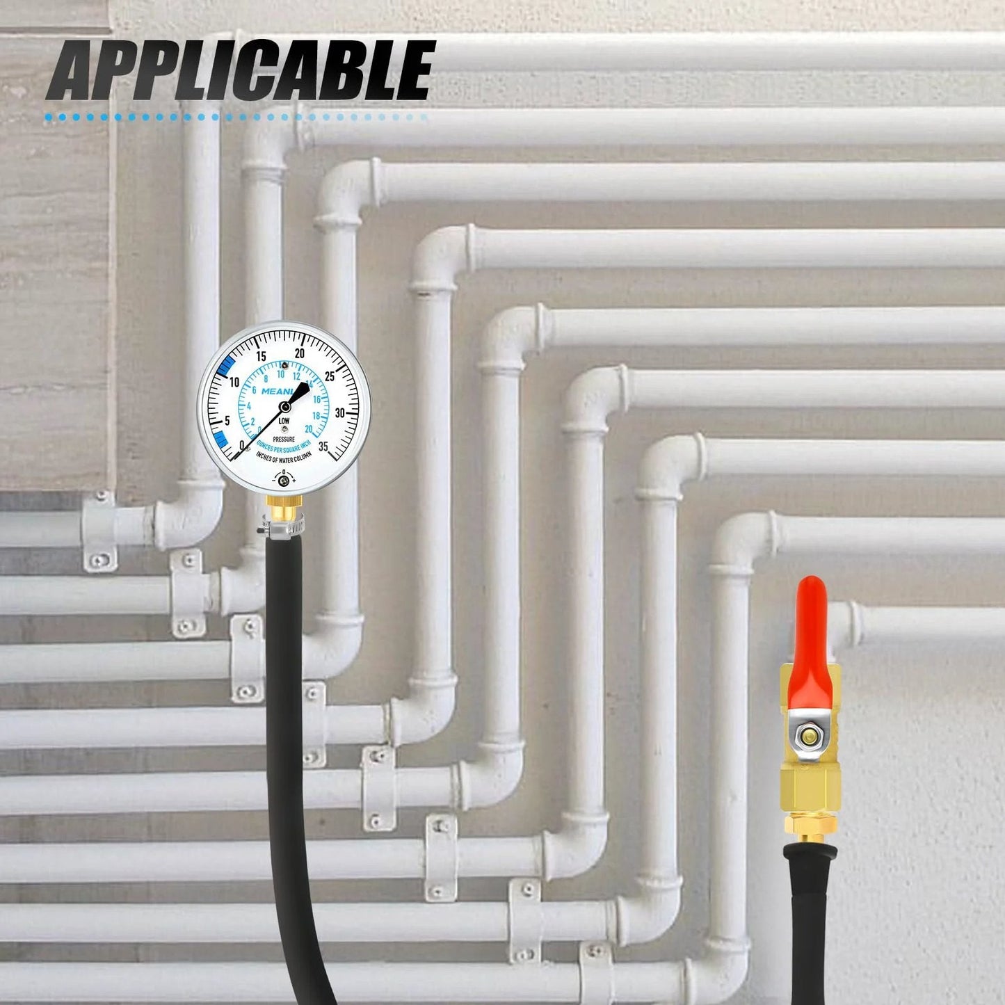 Gas Pressure Test Kit For Natural Gas And LP Gas With 40 Inch Hose Zero To Thirty Five In WC Range One Eighth Inch NPT Fitting With Barbed Connection And Hex Bushing Two And One Quarter Inch Dial Gauge Easy Quick Connect By Meanlin shown connected to white piping system