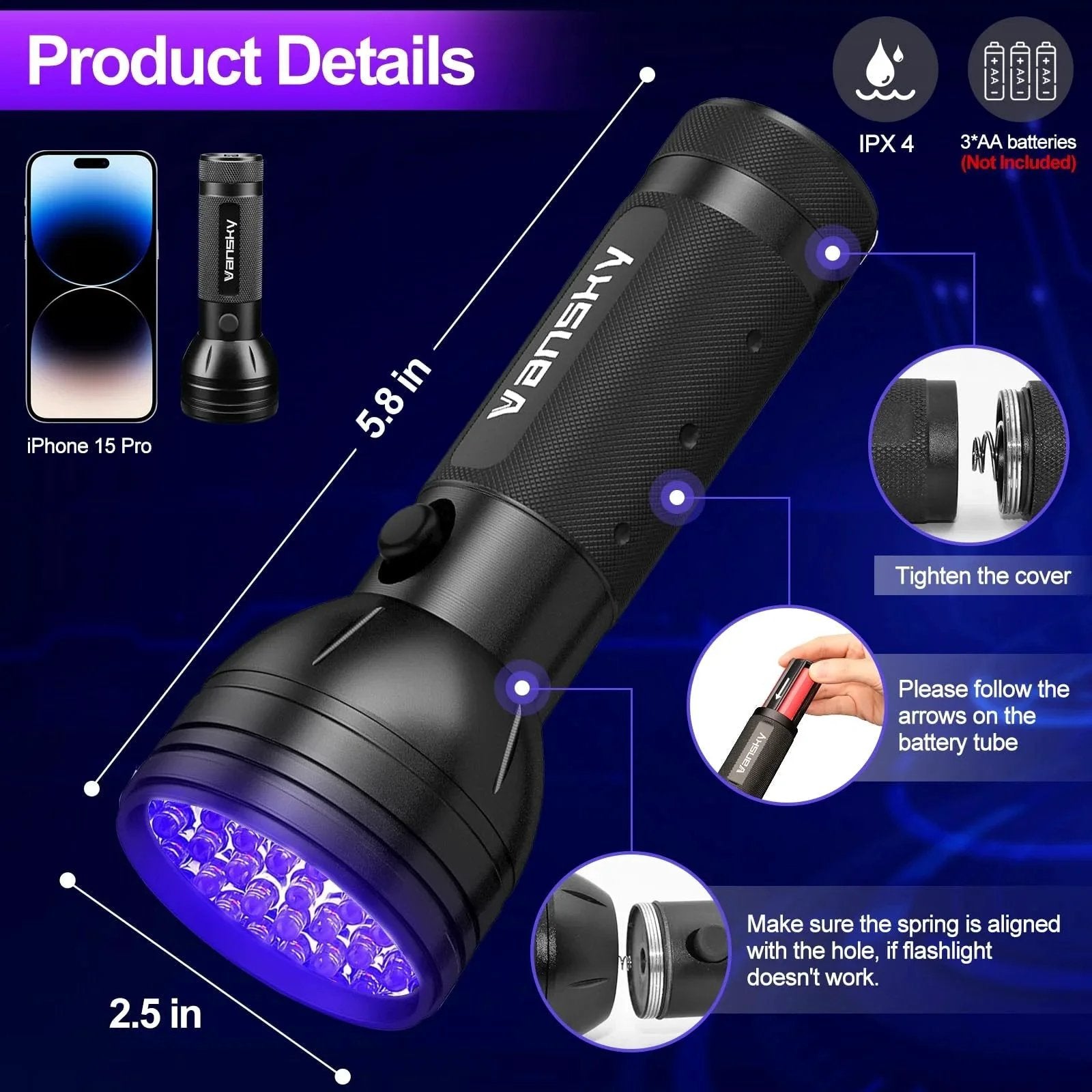 Automotive Air Conditioner Leak Detector Flashlight With 68 LED UV Dye Leak Kit And Protective Glasses For Quick Hassle Free Car AC Leak Locating In Garage Or Shop A Professional Grade Tool Vansky, black flashlight with measurements and details shown