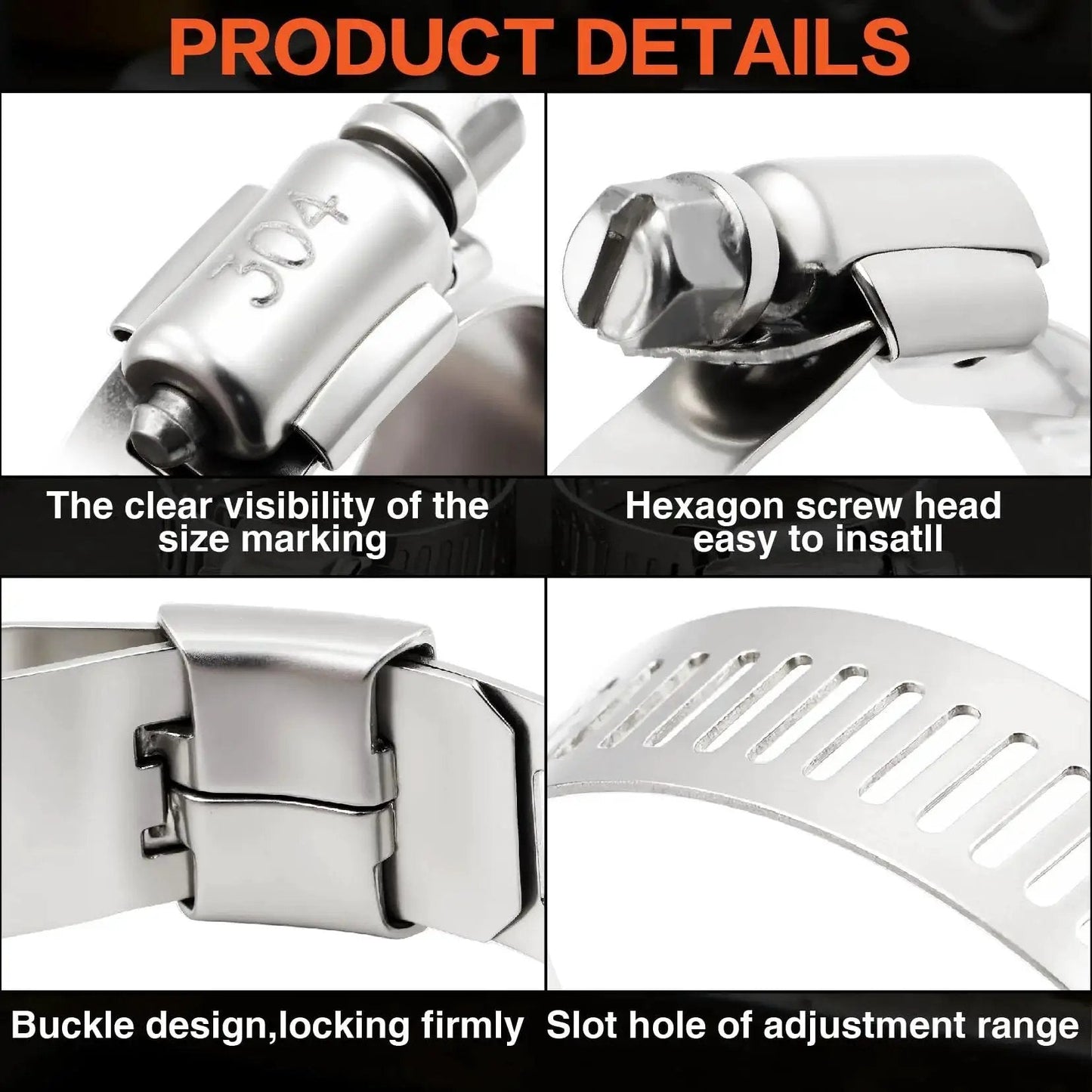Close-up of Pro Grade 185 Piece 304 Stainless Steel Anti Rust Hose Clamp Kit features including markings, hexagon head, and buckle design.
