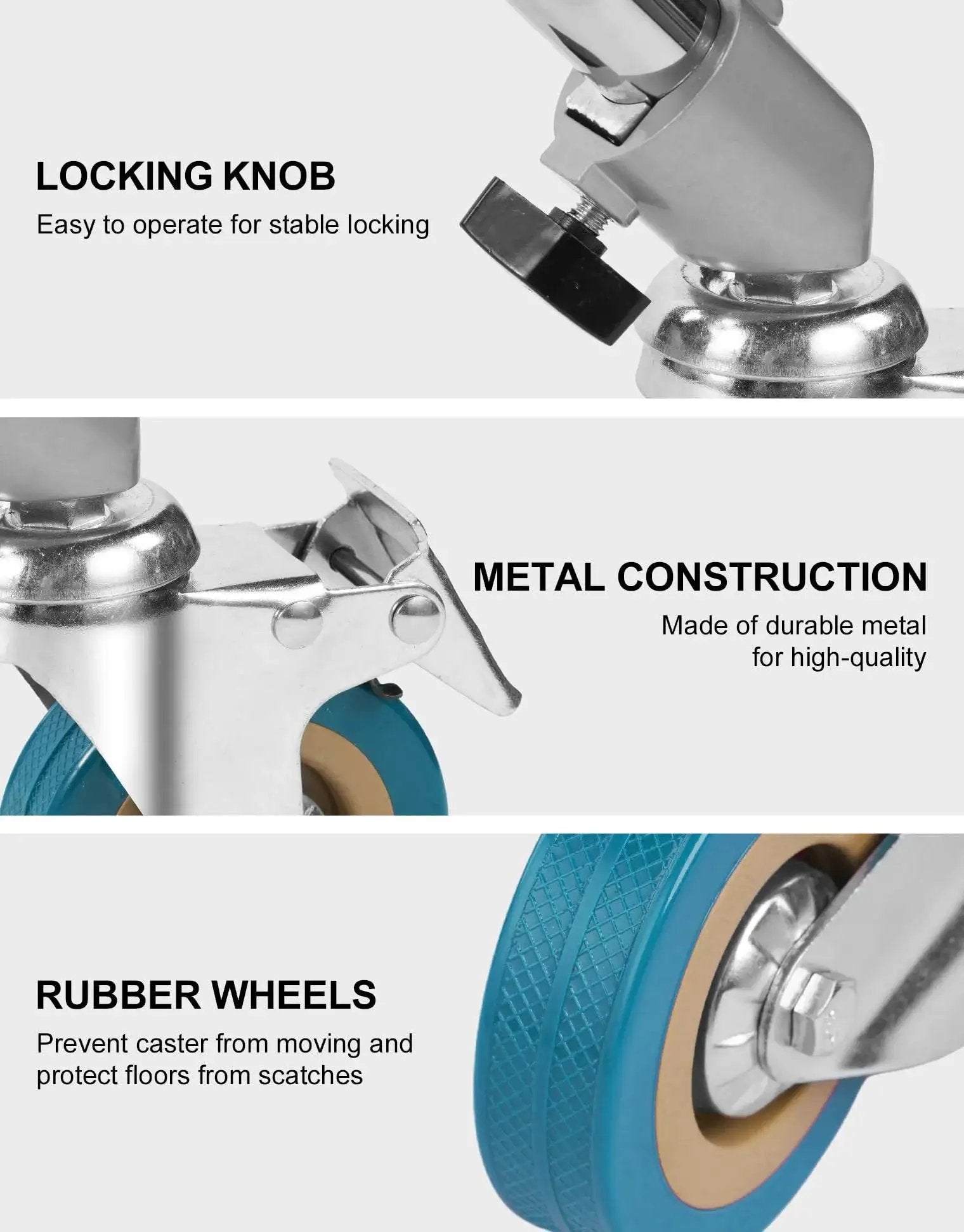 Professional Light Stand Wheels Set 0.9 Inch 22mm Diameter Swivel Casters with Rubber Wheels, Metal Construction, Foot Brake Lock