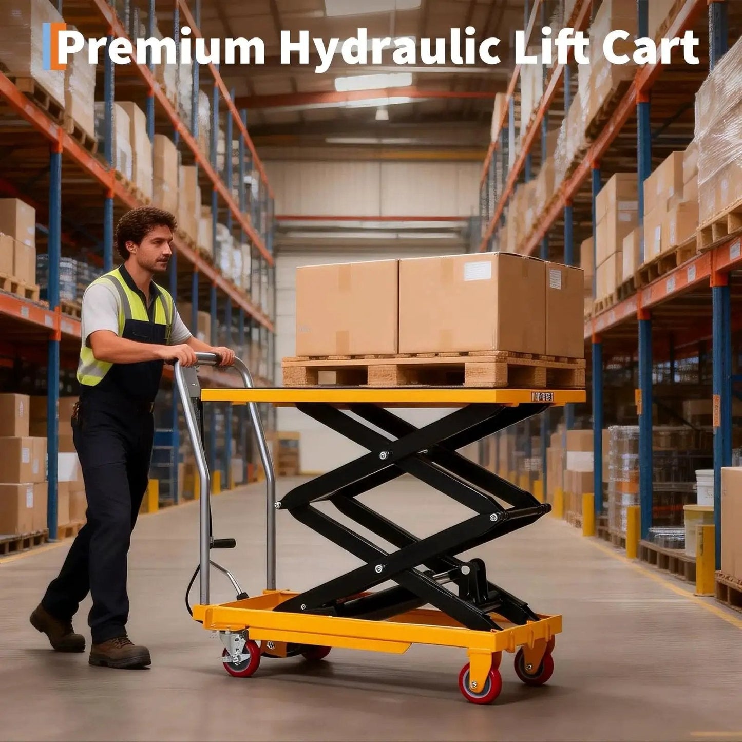 Worker using Hydraulic Lift Table Cart 330 Lb Capacity 50 Inch Lift Manual Scissor 4 Wheels in warehouse